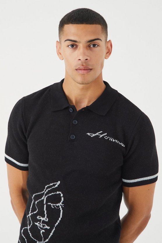 Muscle-Fit Strick-Poloshirt mit Print