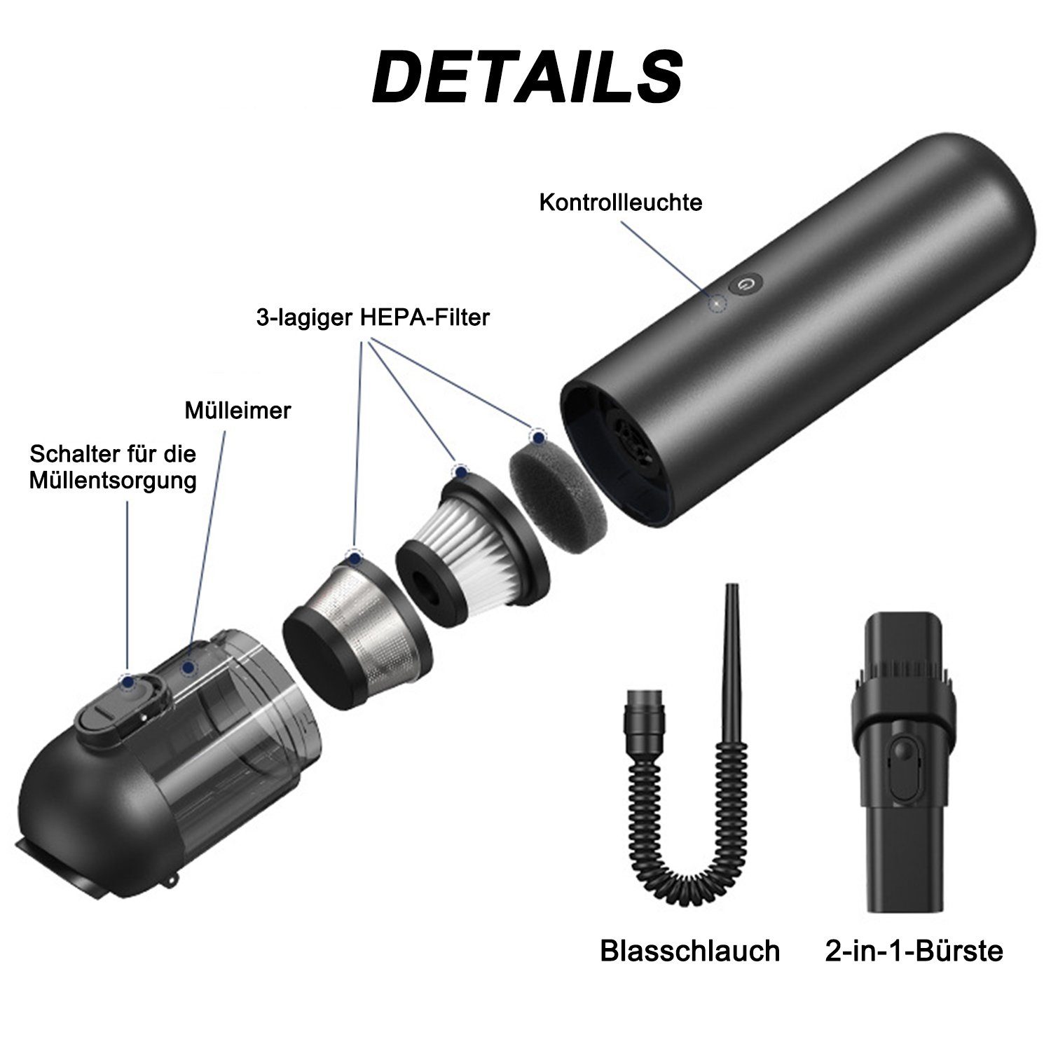 Kpaloft Akku-Handstaubsauger 6000Pa Kabelloser Autostaubsauger, Tragbarer Handsauger, 1500mAh Staubsauger, Nass & Trocken, für Tierhaare, Auto, Haus