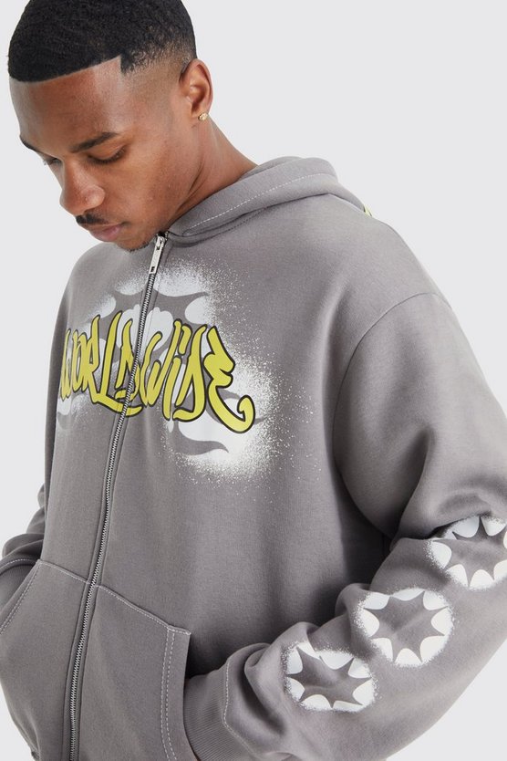 Kastiger Hoodie mit Worldwide Graffiti Print und Reißverschluss