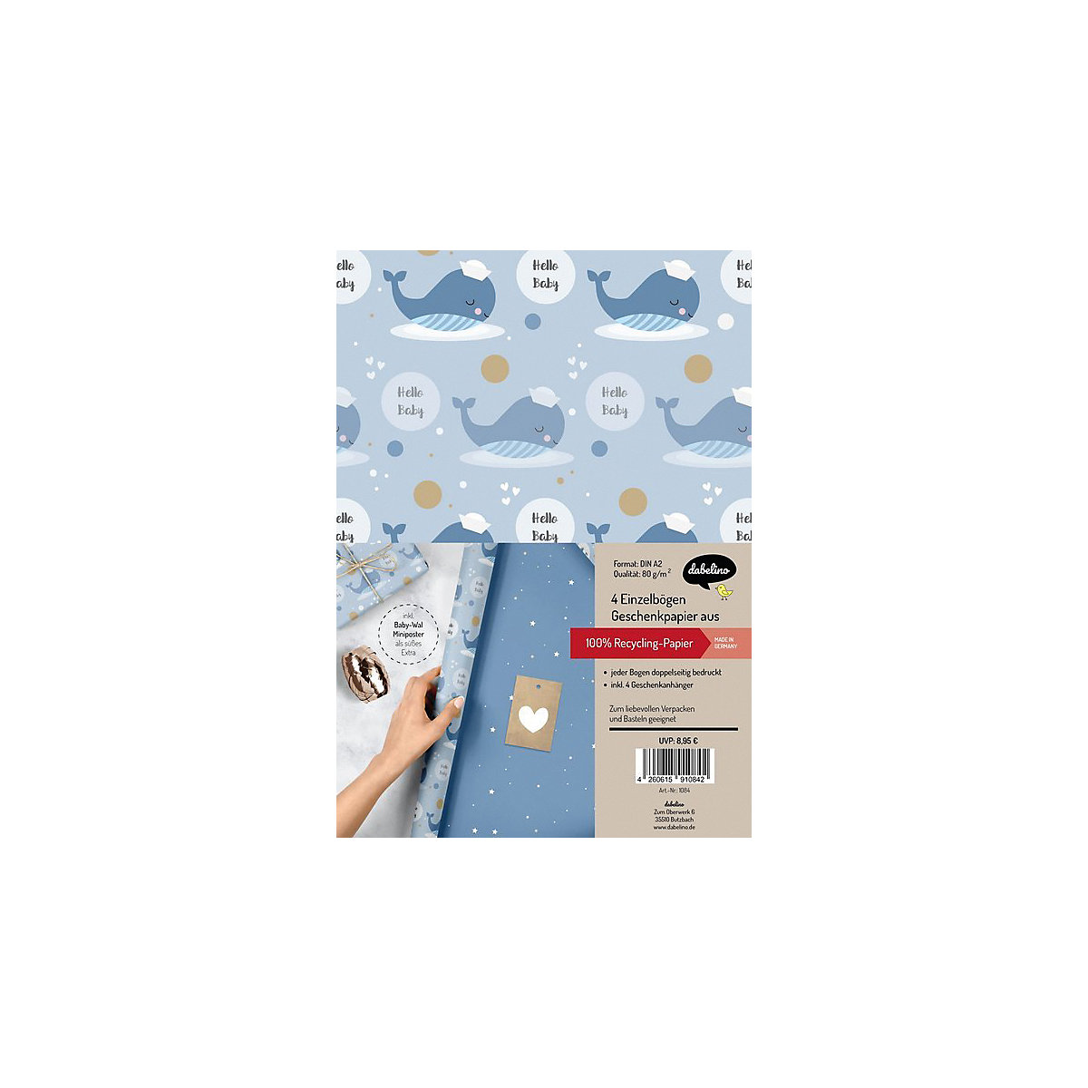 Geschenkpapier-Set: Zur Geburt für Baby-Jungen, Wal