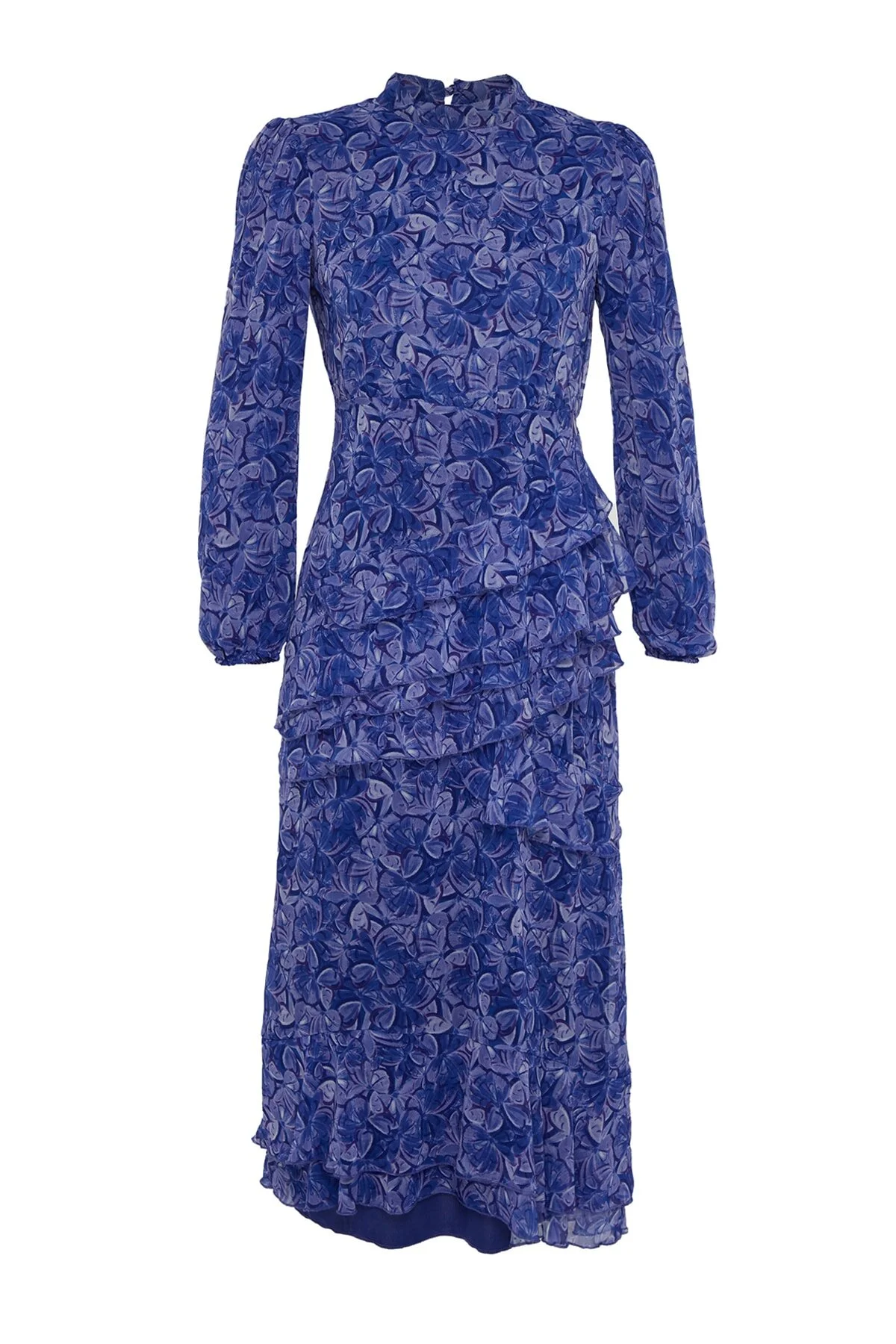 Trendyol Modest  Blaues Kleid aus gewebtem Chiffon mit Blumenrock und Rüschenfutter TCTSS23EB00160