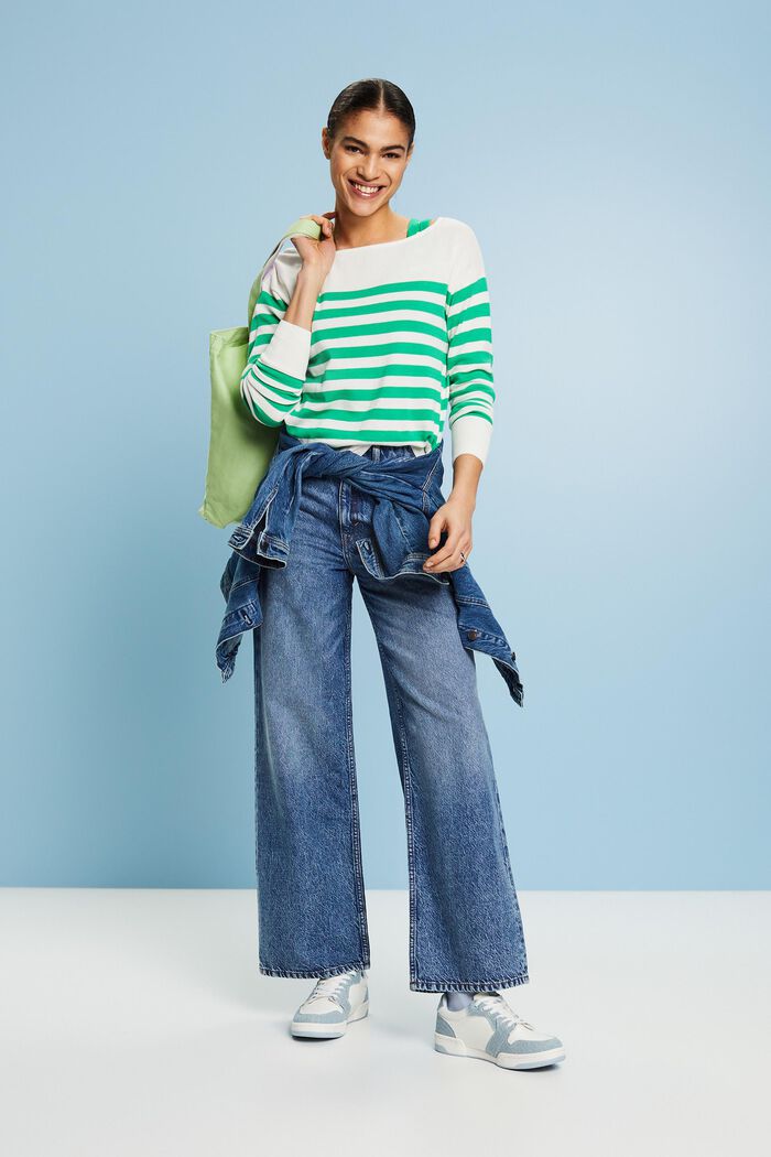 Gestreiftes Baumwoll-Sweatshirt mit Bootausschnitt