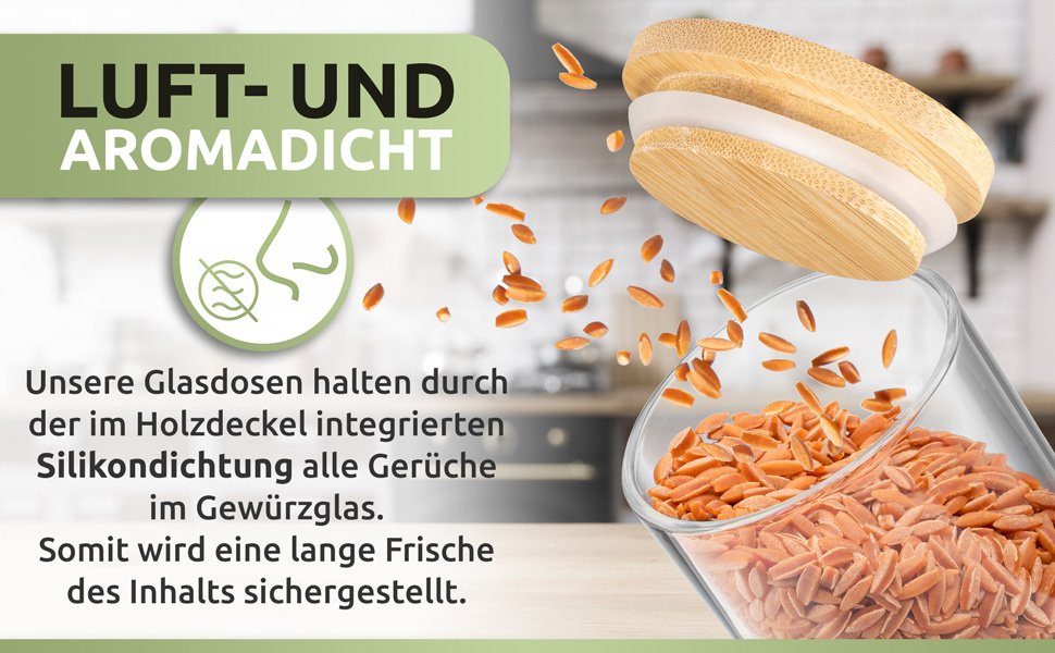 PORADA Gewürzbehälter Set 150ml stapelbare Gewürzgläser Glasbehälter Bambus Deckel, (Set, 12-tlg., Set), Handarbeit, platzsparend, stapelbar, Bambusdeckel