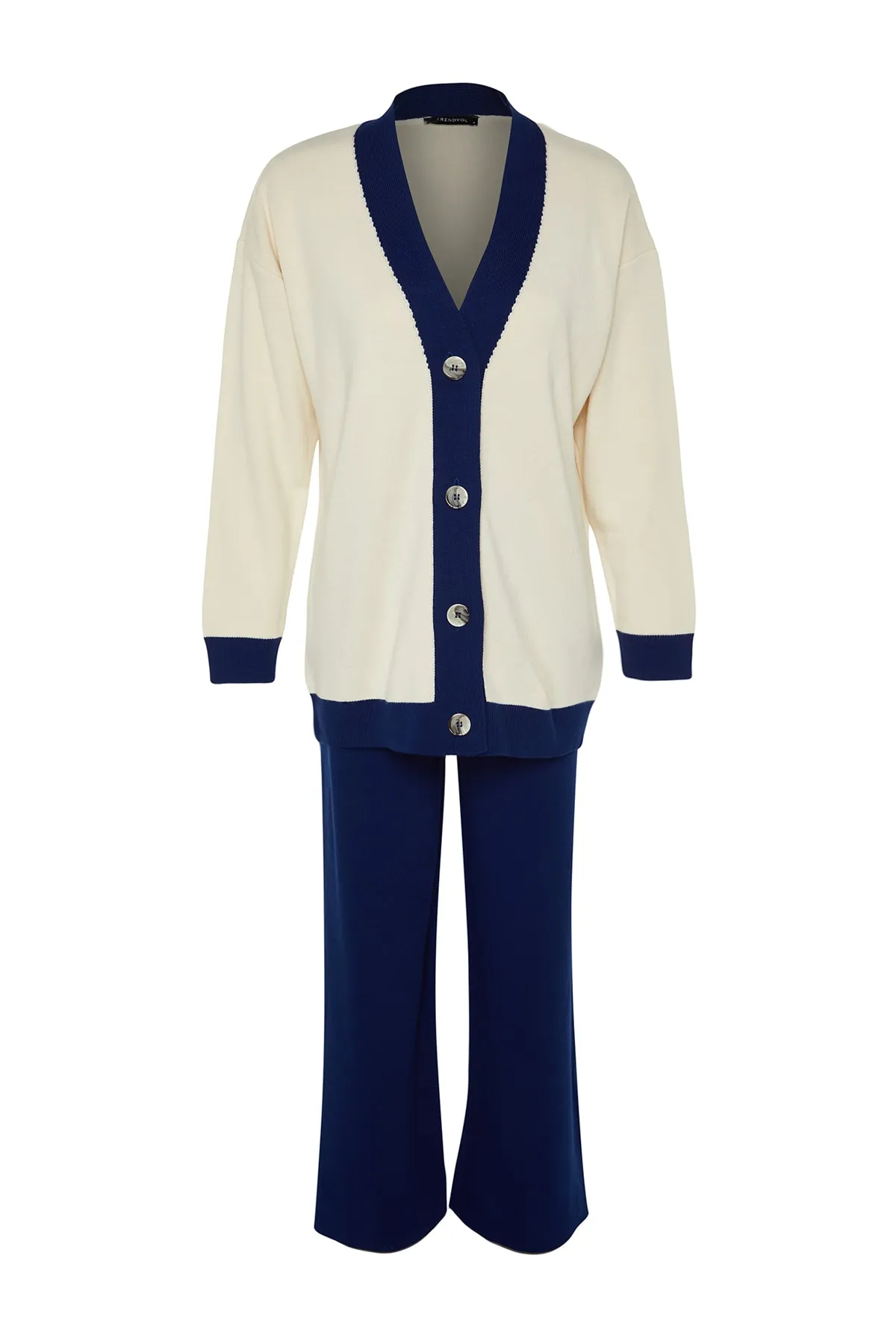 Trendyol Modest  Marineblaues Strickset mit Strickjacke und Hose mit Streifendetail TCTAW22AU0156