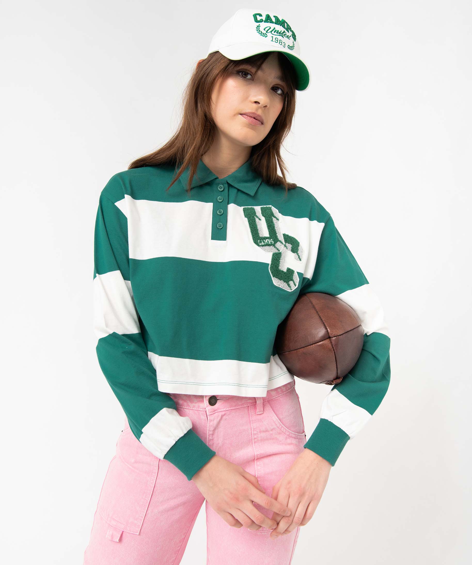 Tee-shirt femme à manches longues avec col polo - Camps United vert | GEMO