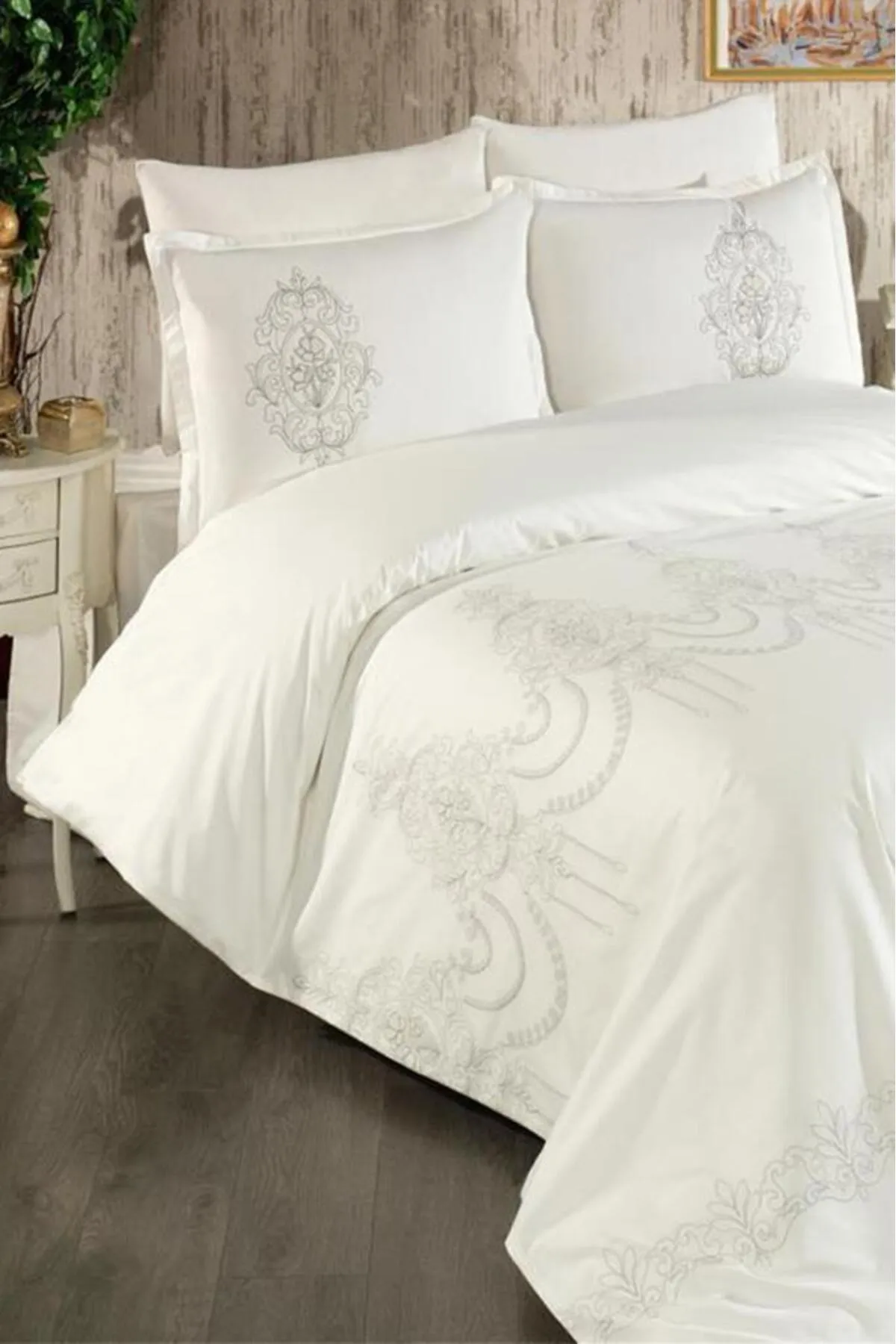 Çeyiz Diyarı  Calina Besticktes Bettwäscheset für Doppelbett, 100 % Baumwolle, Grau