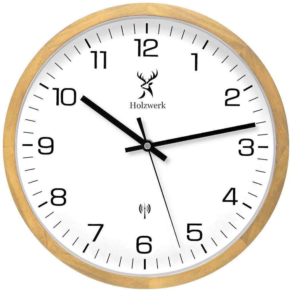 Holzwerk Funkwanduhr ARNSBURG Designer Funk Holz Wand Uhr, beige, weiß (lautlos ohne Tickgeräusche, 30 cm)