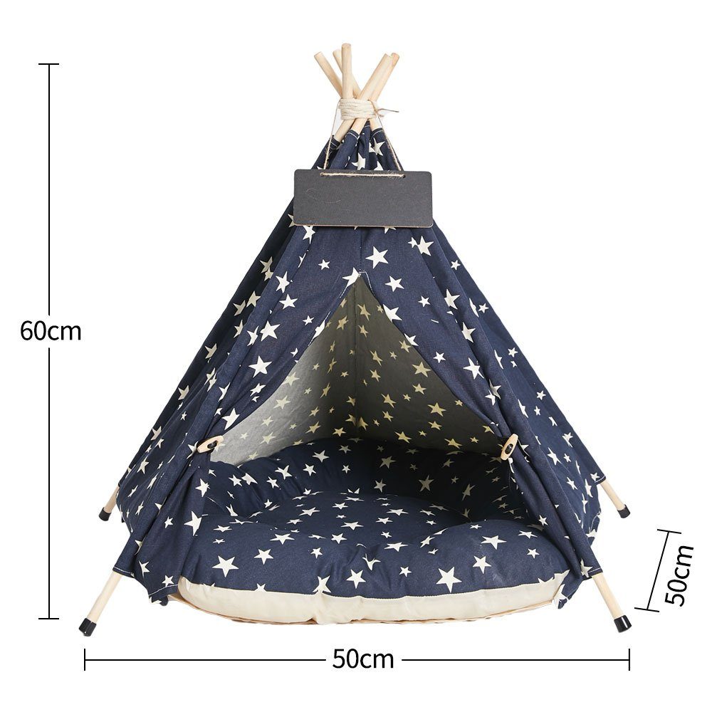 Wenta Tierbett Tipi Zelt für Haustiere, Hundezelt, Katzenzelt mit Kissen, Haustierzelte für Hunde und Katzen Größe (50 x 50 x 60 cm)