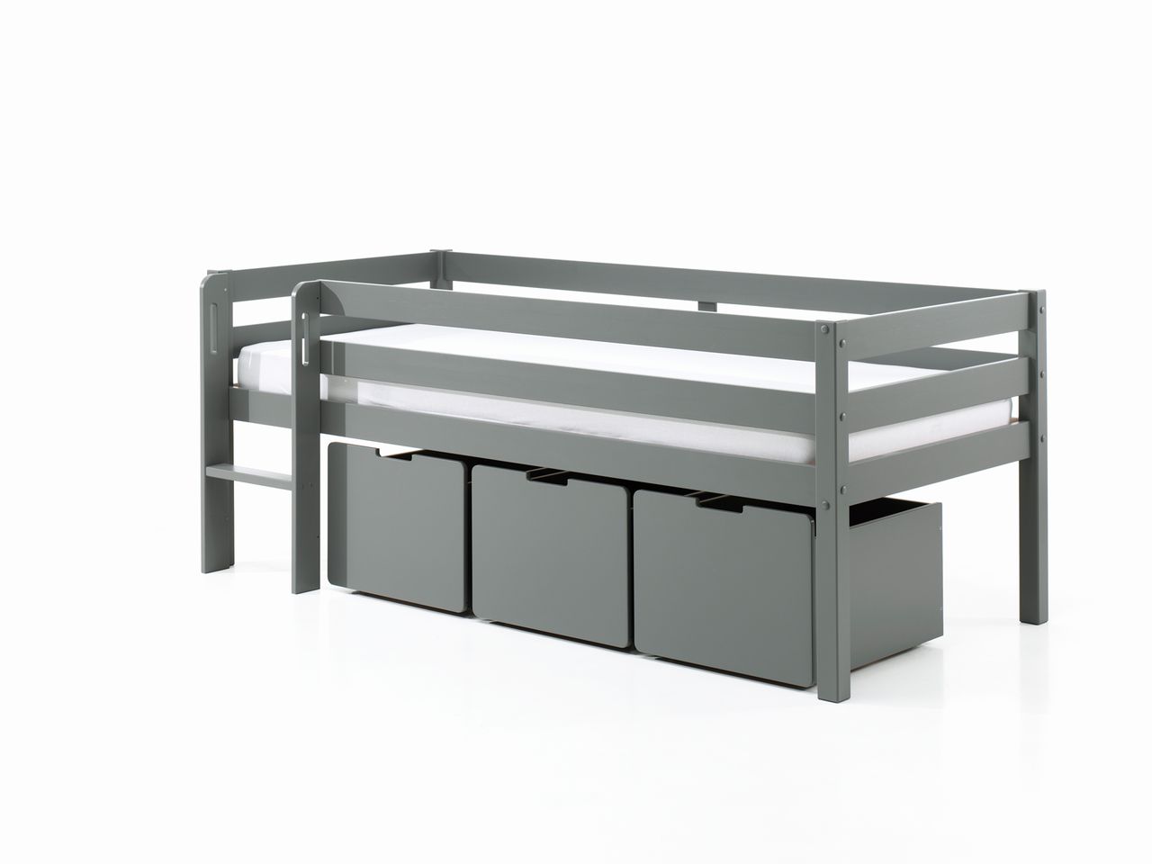 VIPACK Spielbett mit Liegefläche 90 x 200 cm, inkl. Leiter, Rolllattenrost und 3 Schubkästen, Kiefer und MDF grau lackiert