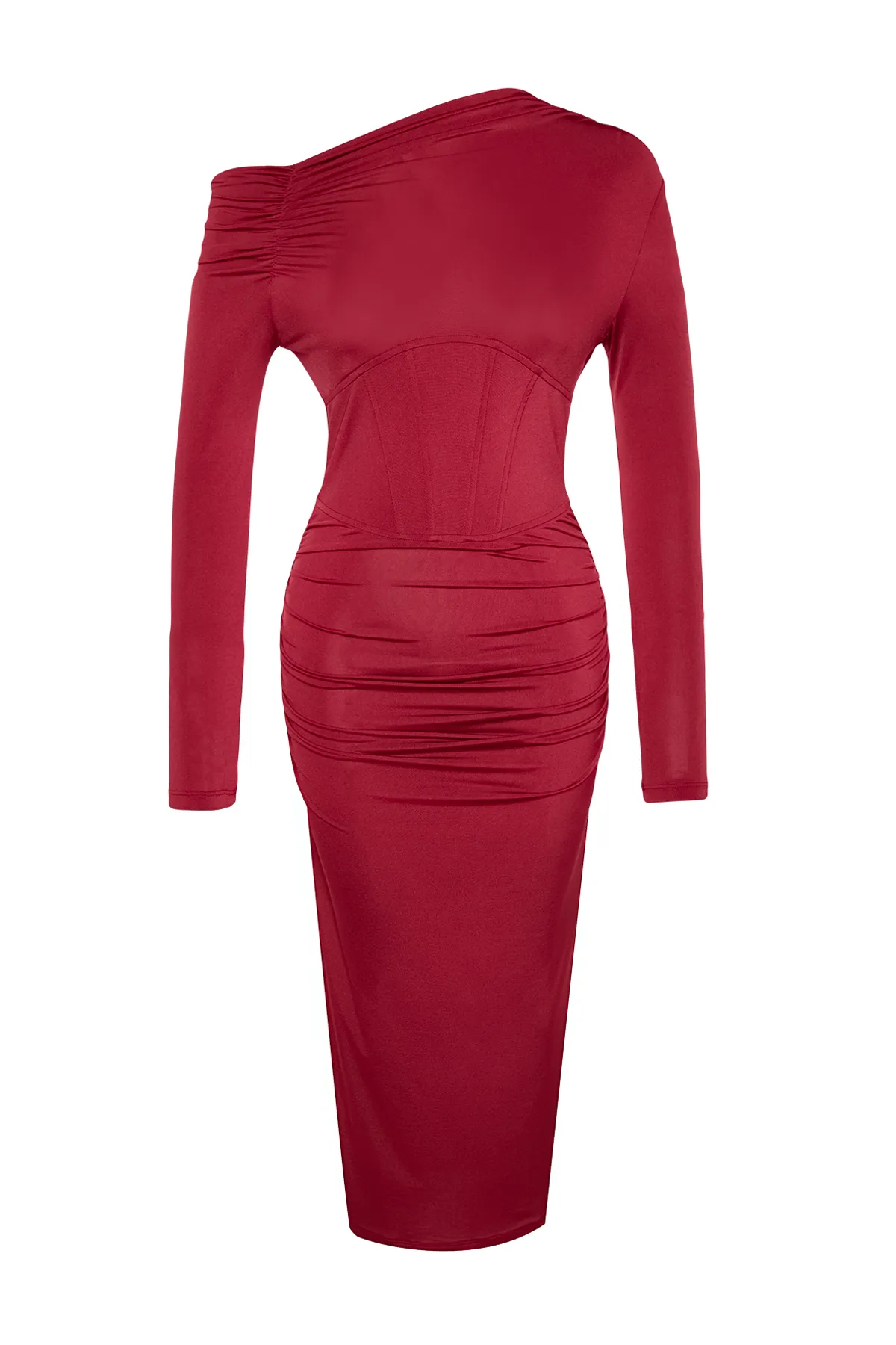 Trendyol Collection  Burgunderfarbenes, tailliertes, gestricktes Korsett mit detailliertem, elegantem Abendkleid TPRAW24EL00053