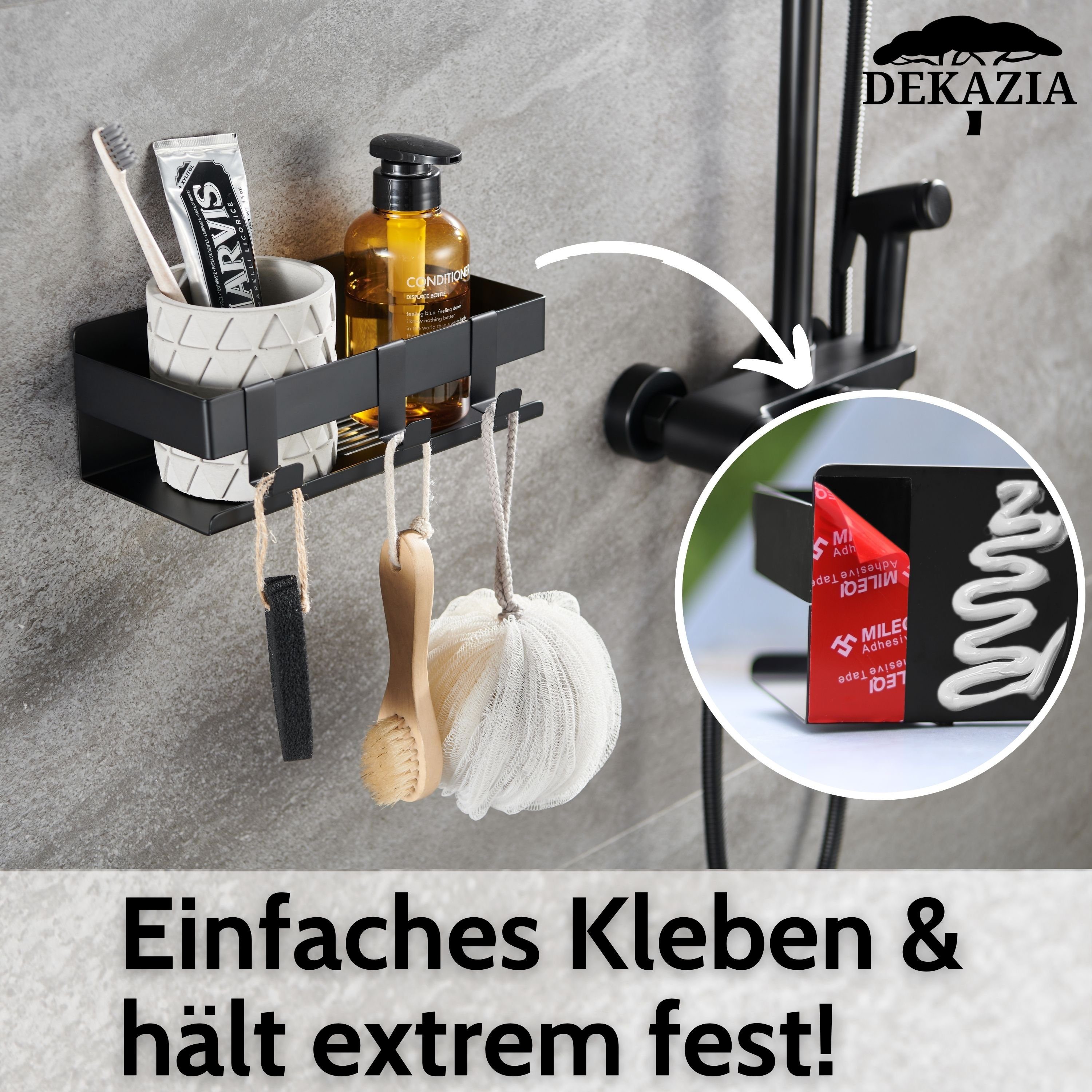 DEKAZIA Duschablage, ohne Bohren Duschregal Duschkorb Edelstahl gebürstet & schwarz