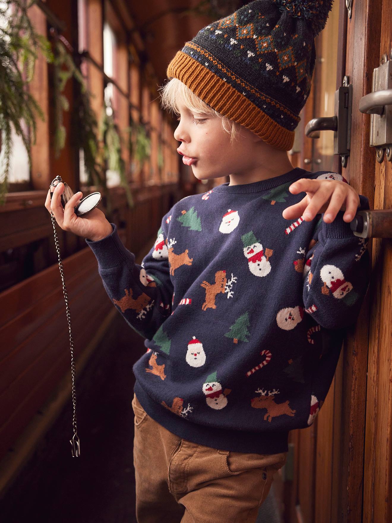 Pull jacquard de Noël garçon motifs ludiques bleu foncé