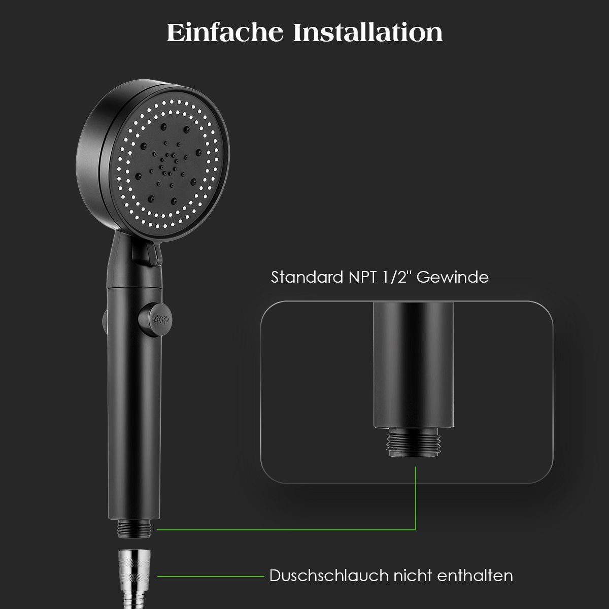 oyajia Handbrause Hochdruck Duschkopf Handbrause Sparduschkopf 5 Strahl Einstellungen, Handbrause Mit Wasserstopp-Taste, Mit Brauseschlauch 1.5m