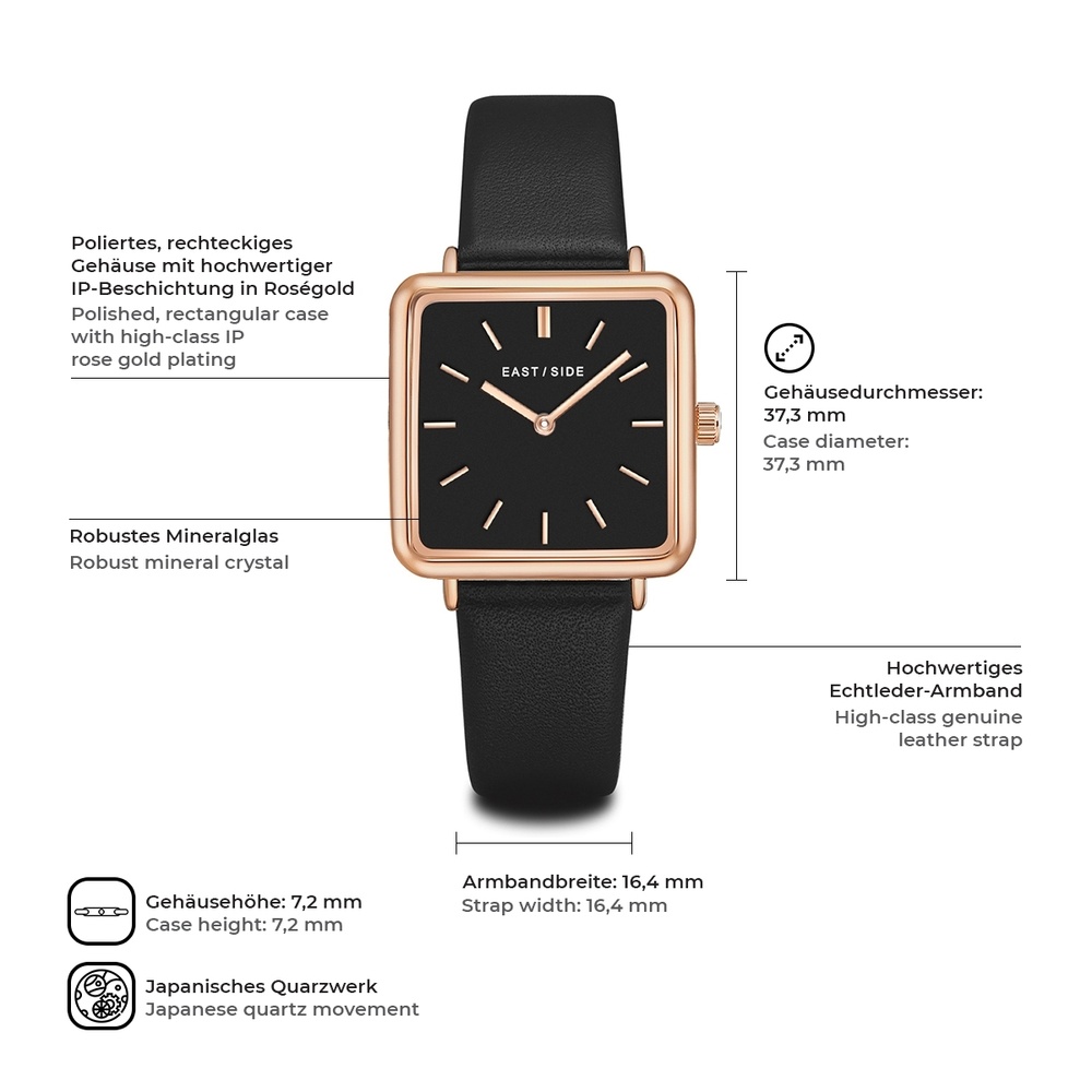 EASTSIDE Montre à quartz Grand en Or rose Cuir véritable en Noir Montre