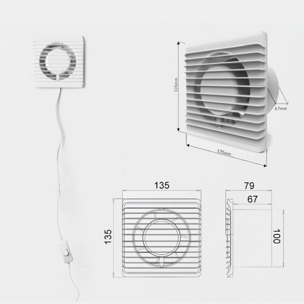 ADAKAT Wandventilator I Badlüfter 100mm I mit Netzkabel und Schalter