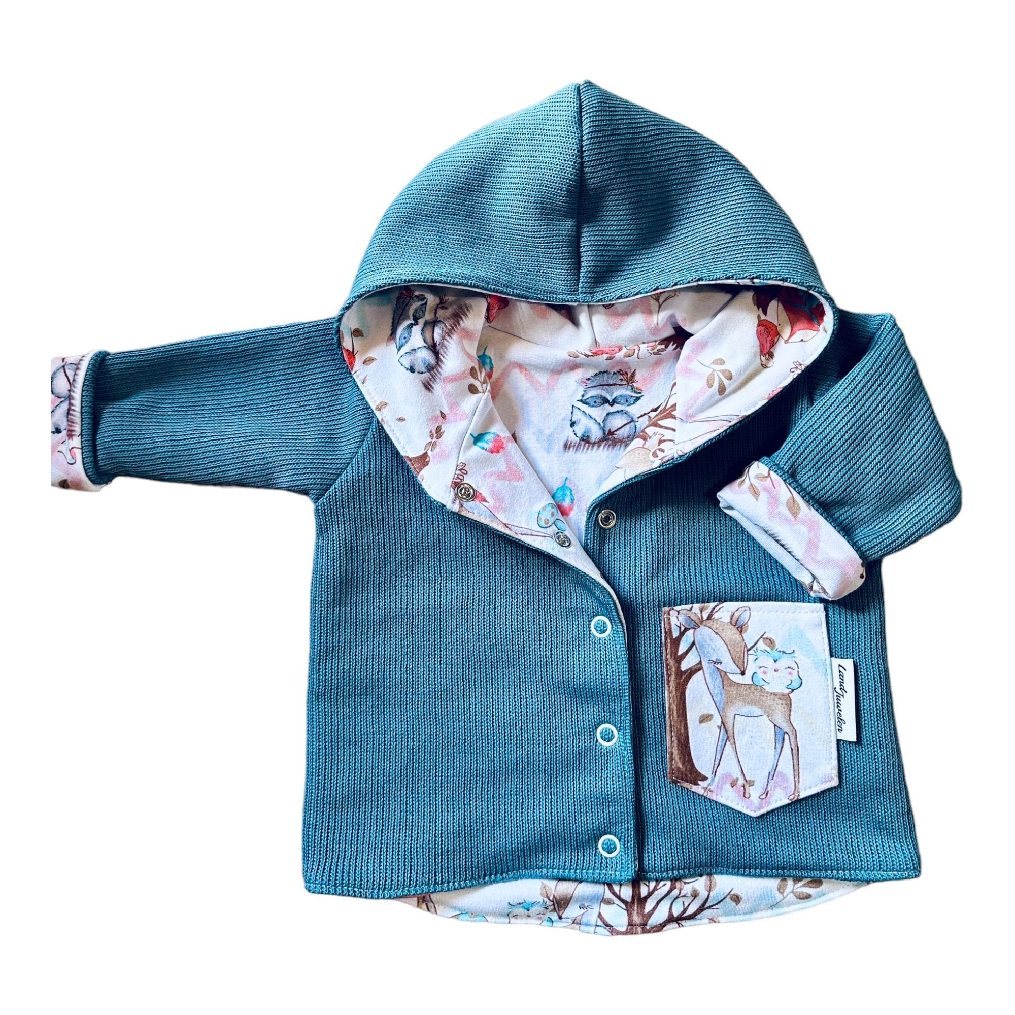 Land-Juwelen Kapuzenstrickjacke Strickjacke Boho Waldtiere weiß mint