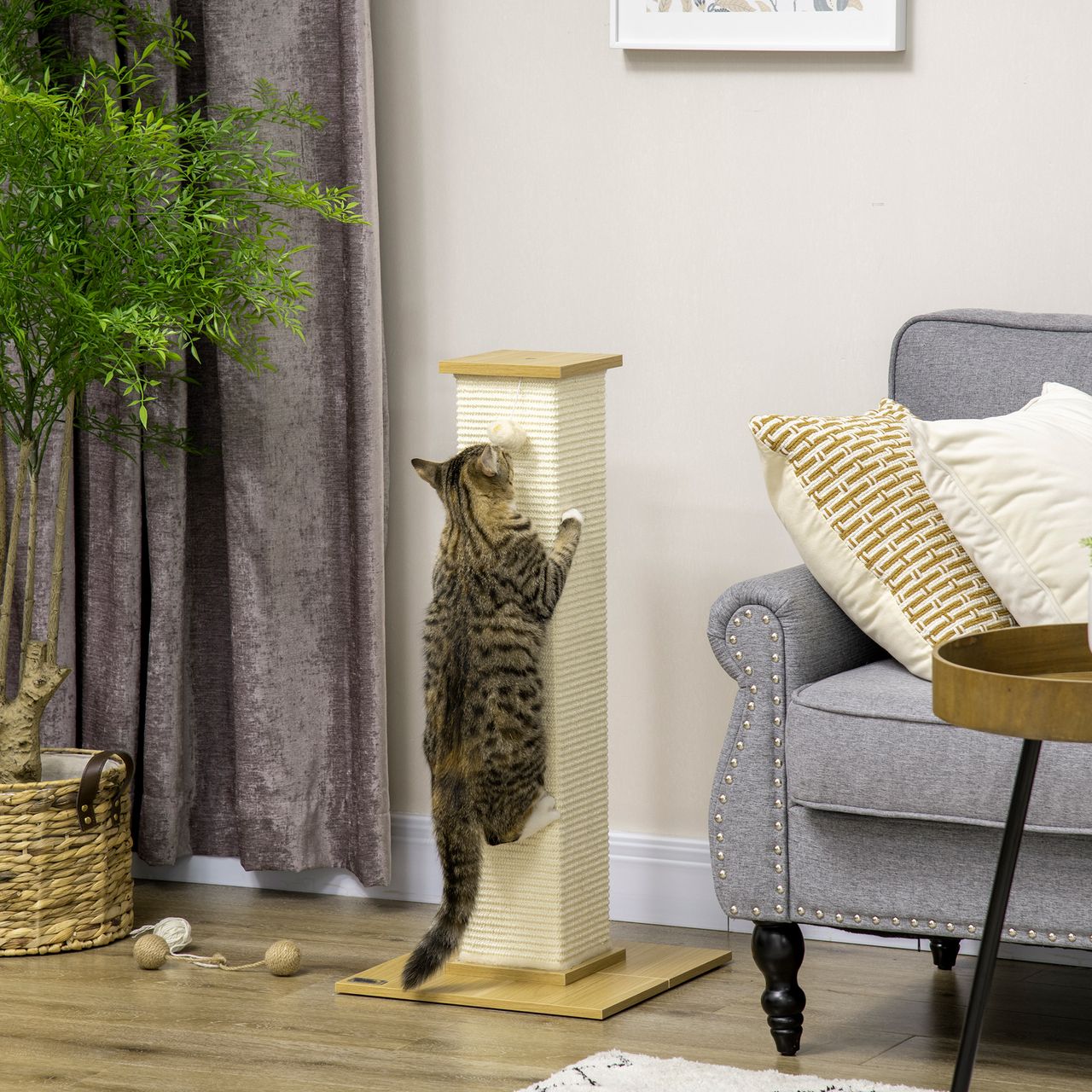 PawHut Kratzbaum, 80 cm, Kratzpsäule aus Sisalseil, Kratzstamm für Katzen, Eiche