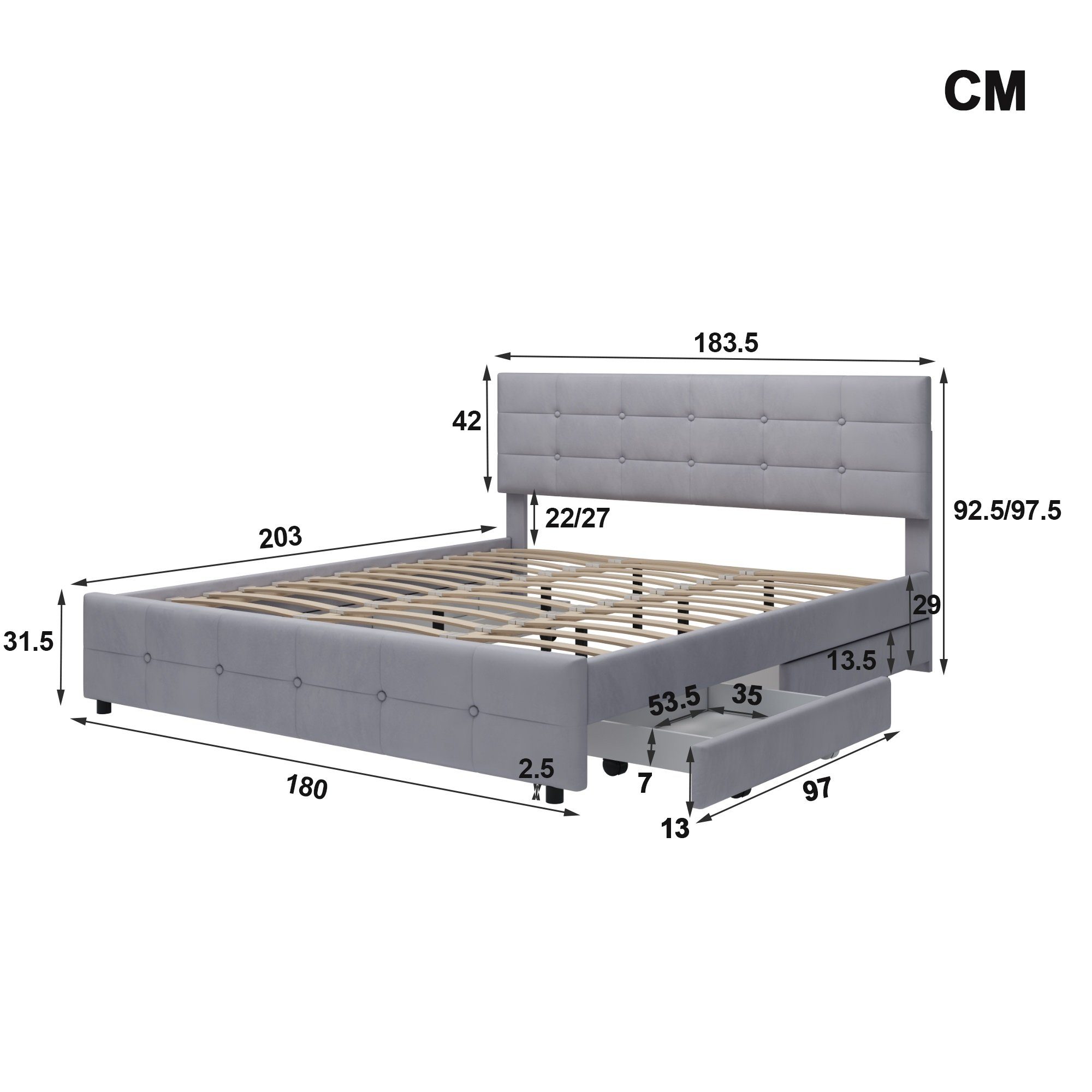 REDOM Polsterbett Funktionsbett Doppelbett, mit 4 Schubladen, Samtstoff (180 x 200 cm, Lattenrost und Rückenlehne, Matratze nicht enthaltet), Ohne Matratze