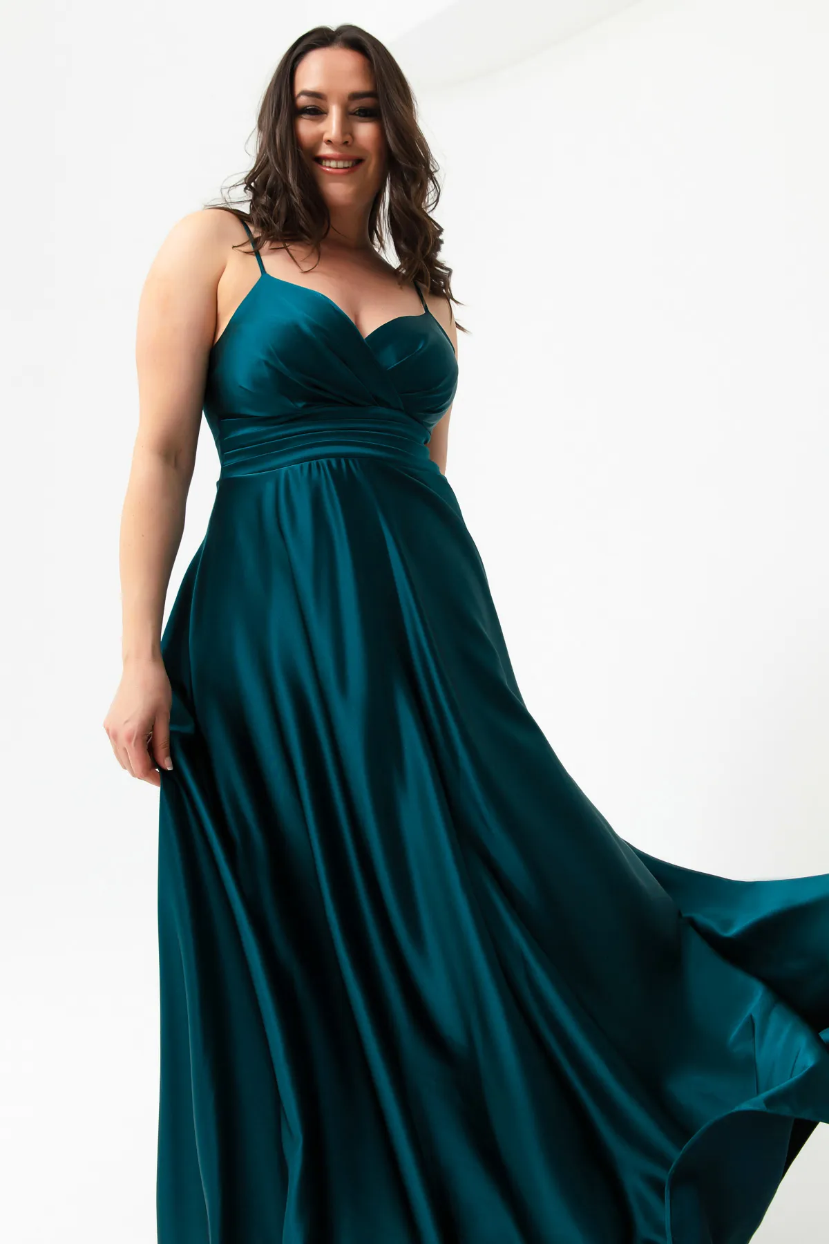 Lafaba  Damen-Abendkleid und Abschlusskleid aus Petrol in Übergröße mit Seilträgern aus Satin