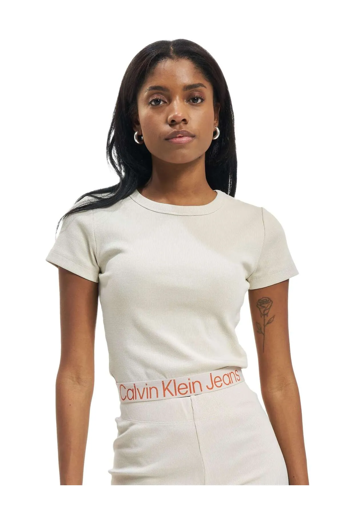 Calvin Klein  Damen Calvin Klein Jeans Logo Tape Rib T-Shirt mit kurzen Ärmeln