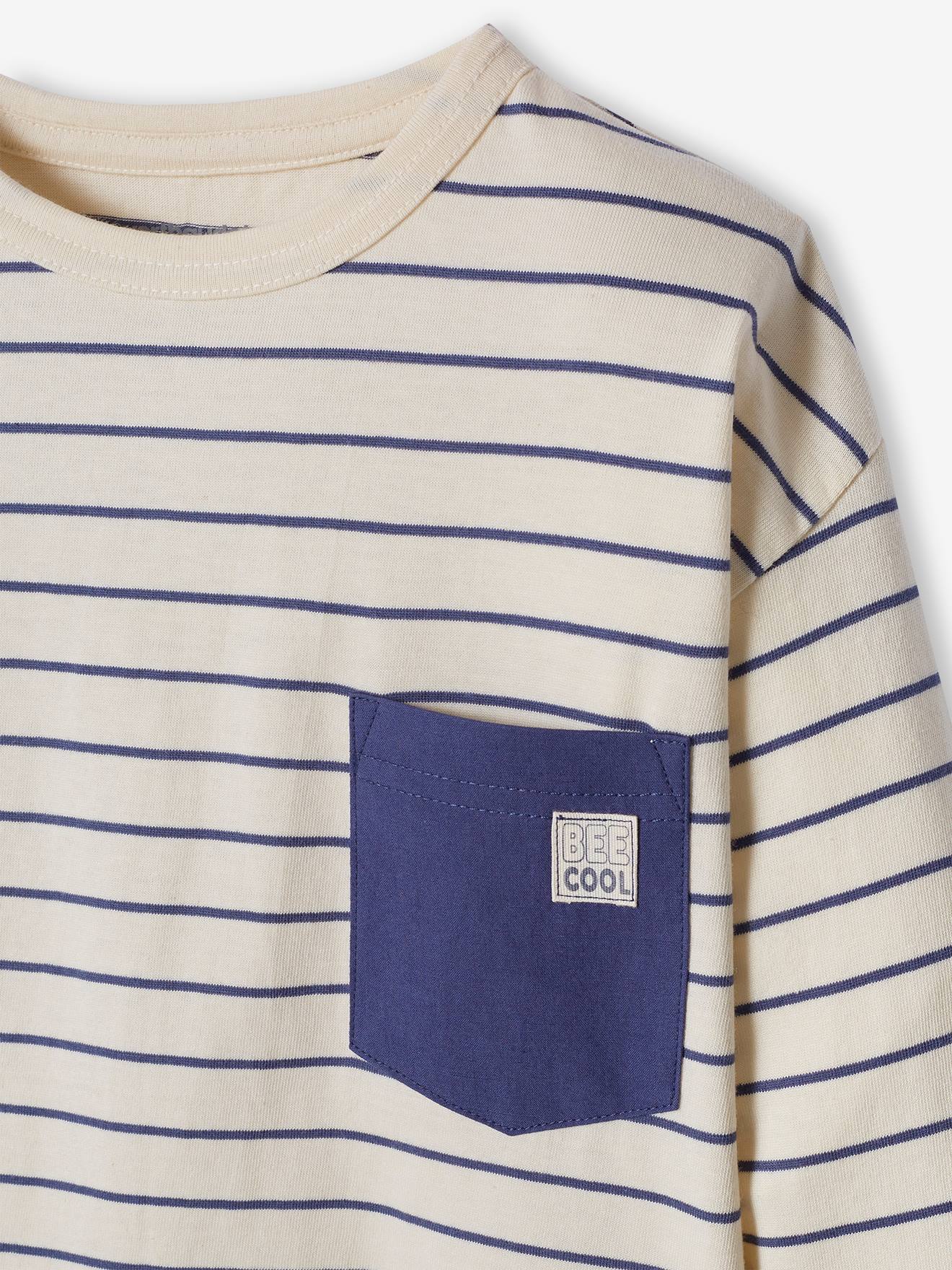 T-shirt rayé garçon avec poche fantaisie blanc