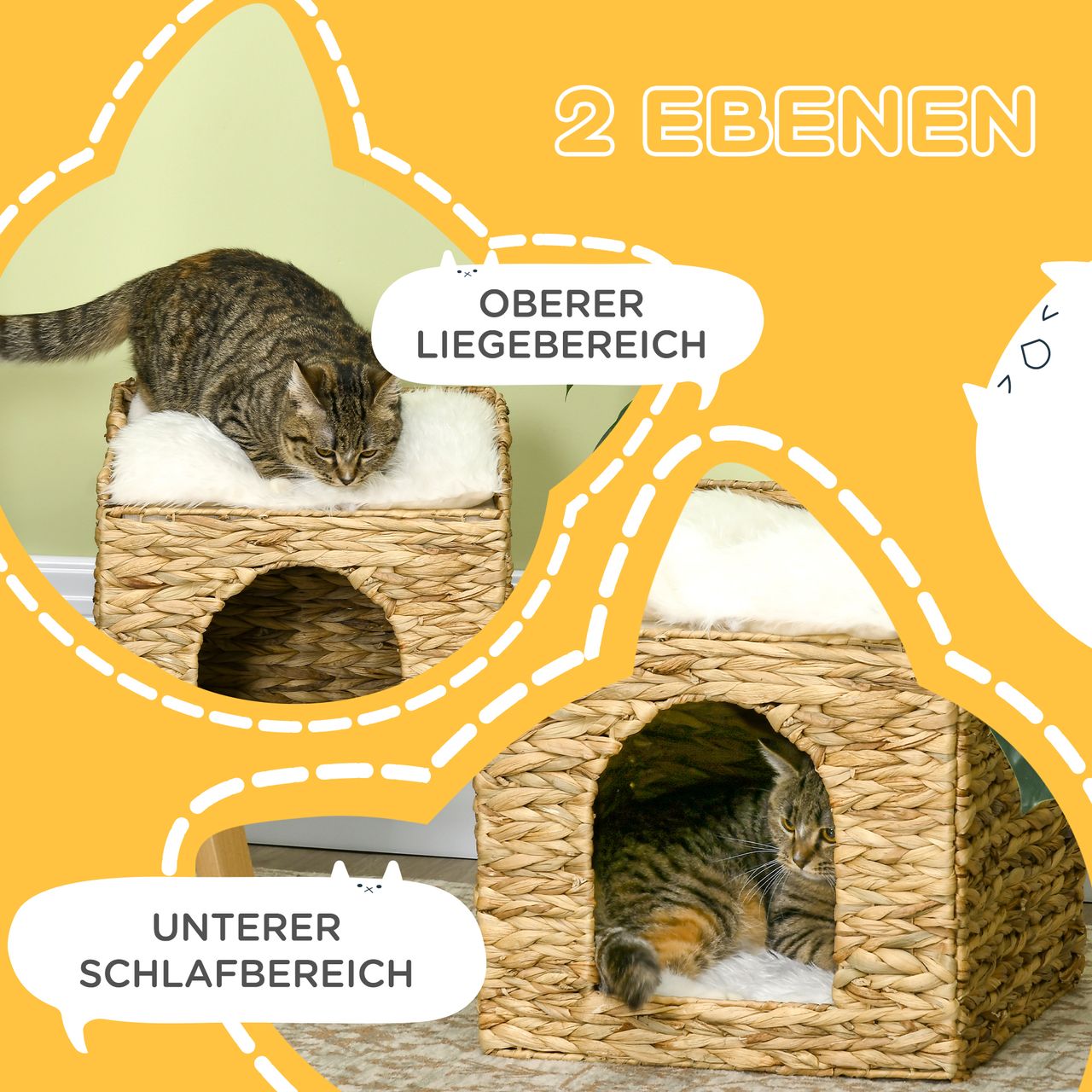 PawHut Rattan Katzenhaus, Katzenhöhle mit Kissen, Katzenhütte mit 2 Ebenen