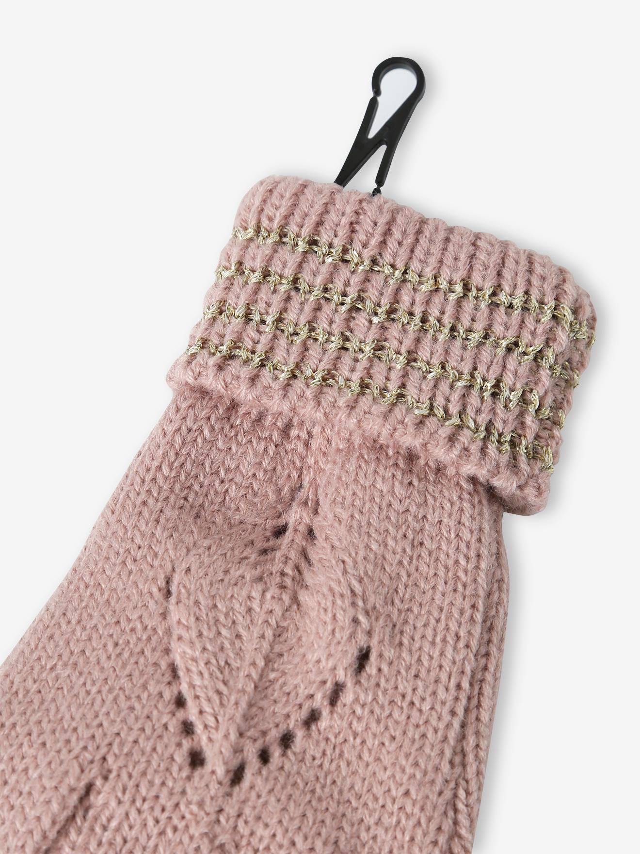 Ensemble béret + écharpes + gants ou moufles en maille ajourée et fourrure fantaisie fille rose poudré