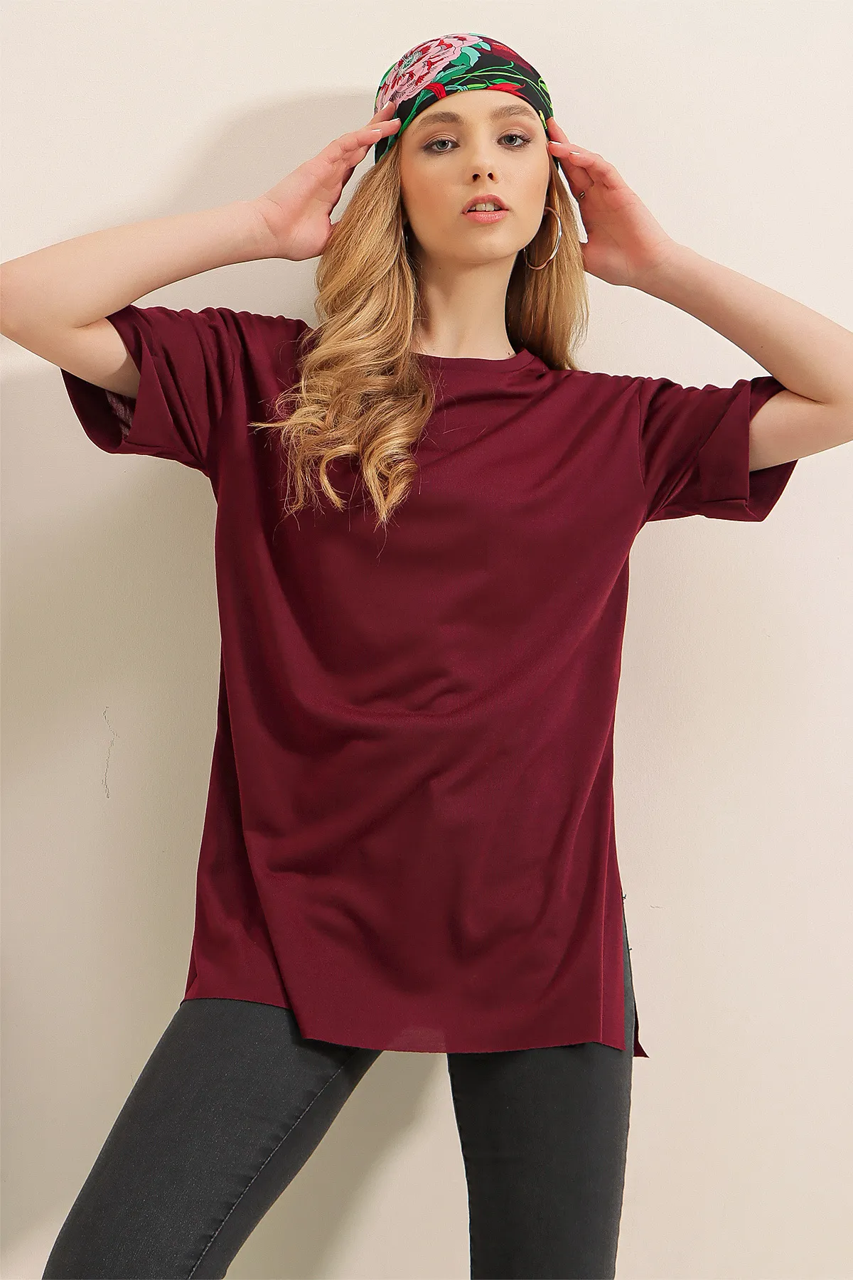 Bigdart  4123 Übergroßes T-Shirt mit Schlitz – Pflaume