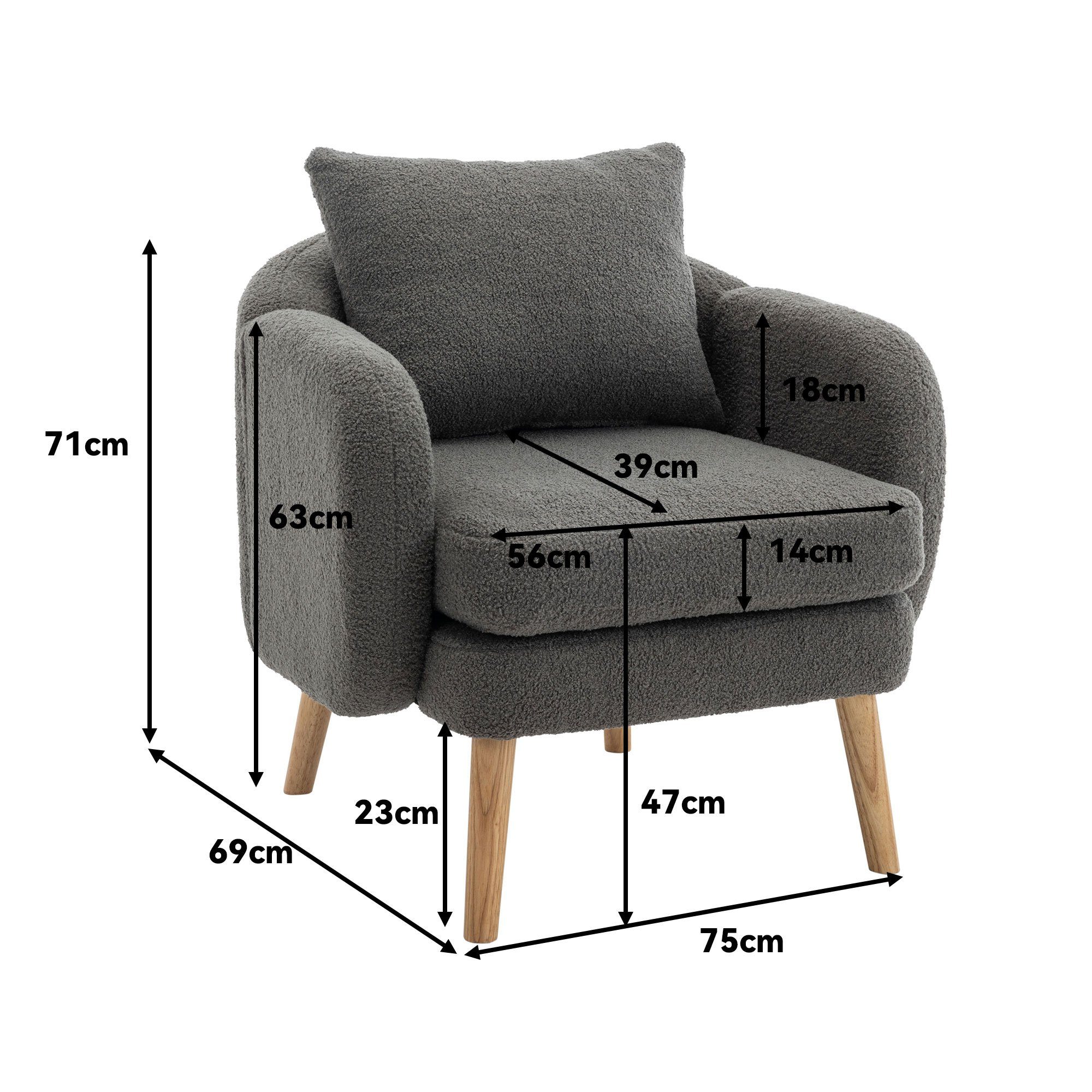 OKWISH Sessel Polstersessel Armlehnensessel Freizeitsessel Einzelsessel Loungesessel (mit Kissen, Sessel mit extra dickem Kissen, Beine aus Massivholz), Moderner, schlichter Teddy-Samtstuhl