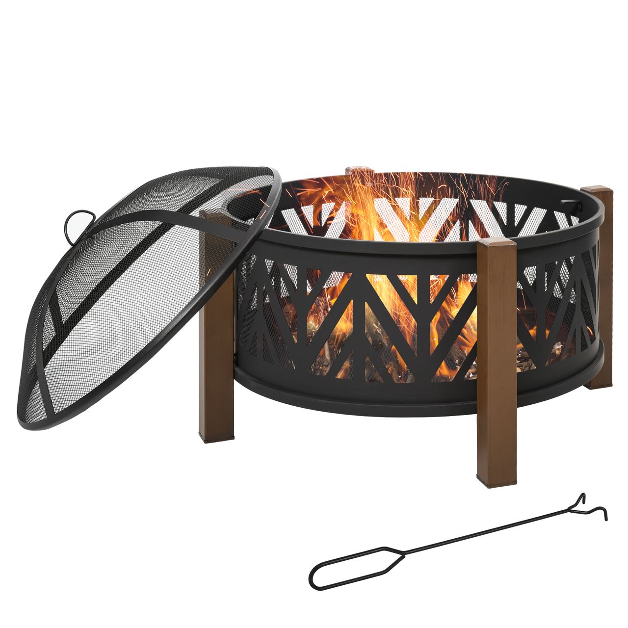 Outsunny Feuerschale Feuerkorb mit Funkenschutz Grillrost Garten BBQ Braun
