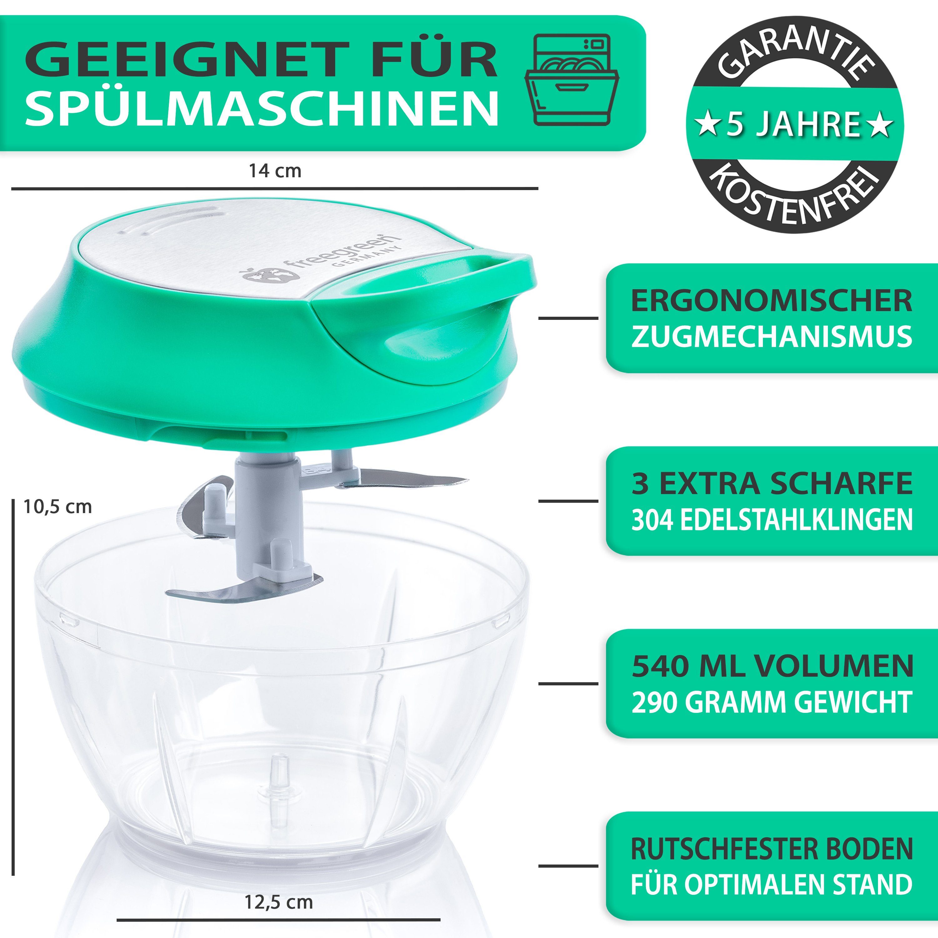 freegreen® Zwiebelhacker 540 ml, Multi-Zerkleinerer I Zwiebelschneider I Universalzerkleinerer, Edelstahl Gemüseschneider mit Mixer-Einsatz und Frischhaltedeckel