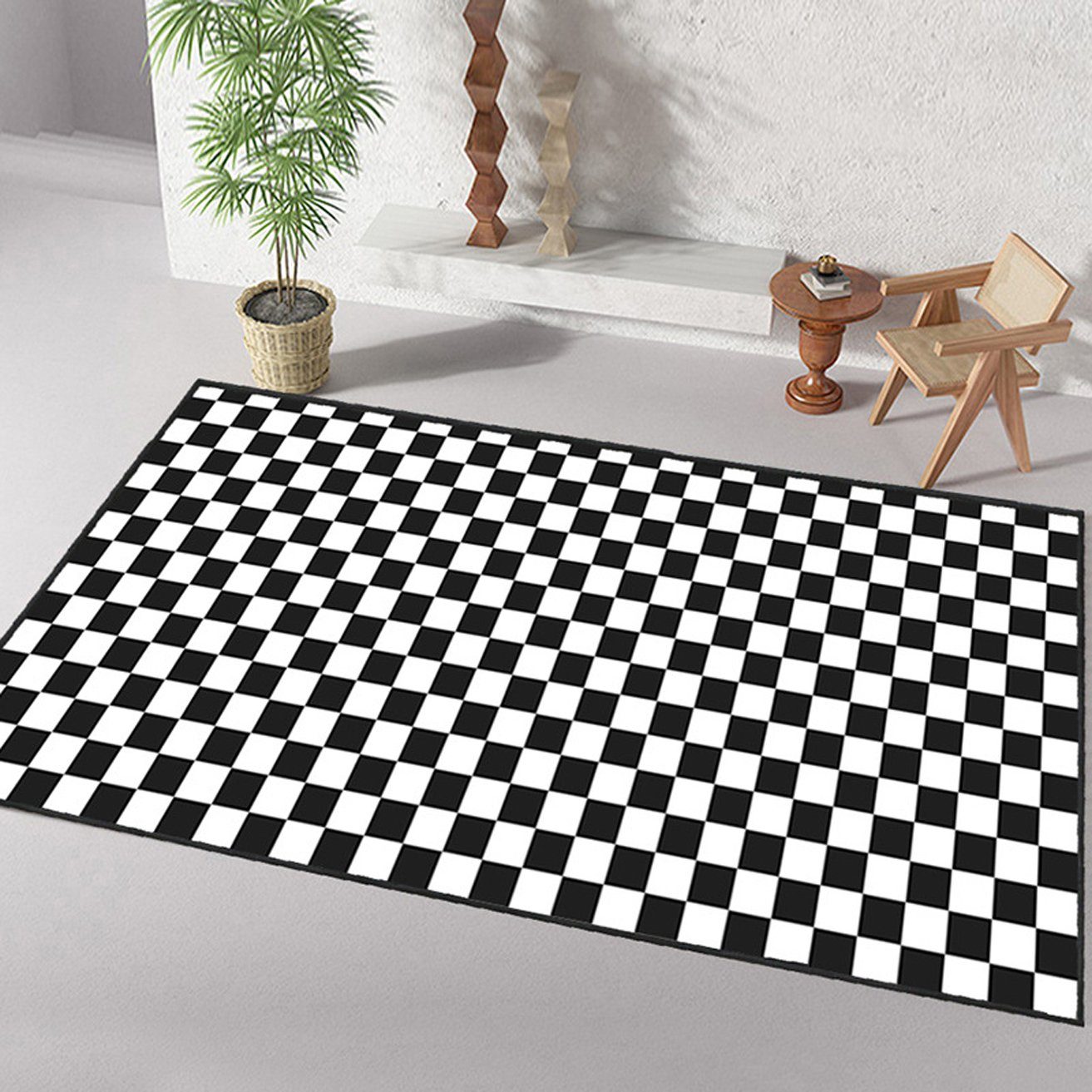 Fellteppich Fußmatte für die Vordertür, schwarz-weißes kleines Karomuster, HOHEA H, 80*120CM, mit geometrischem Muster, Fußmatte