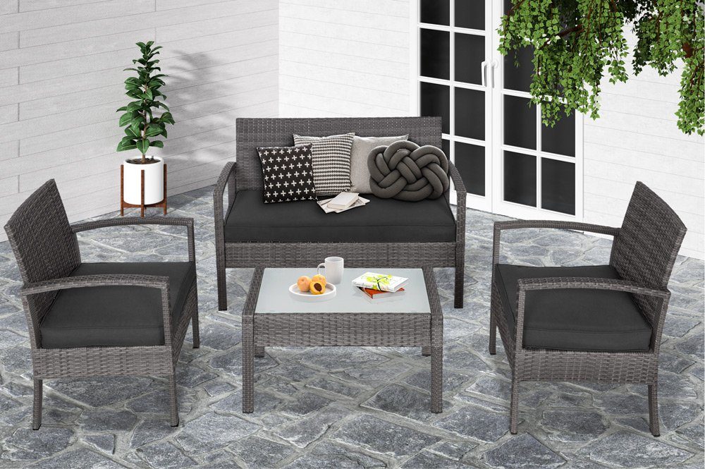 Casaria Balkonset, Polyrattan 5cm Auflagen 5mm Sicherheitsglasplatte 7tlg Wetterfest Grau