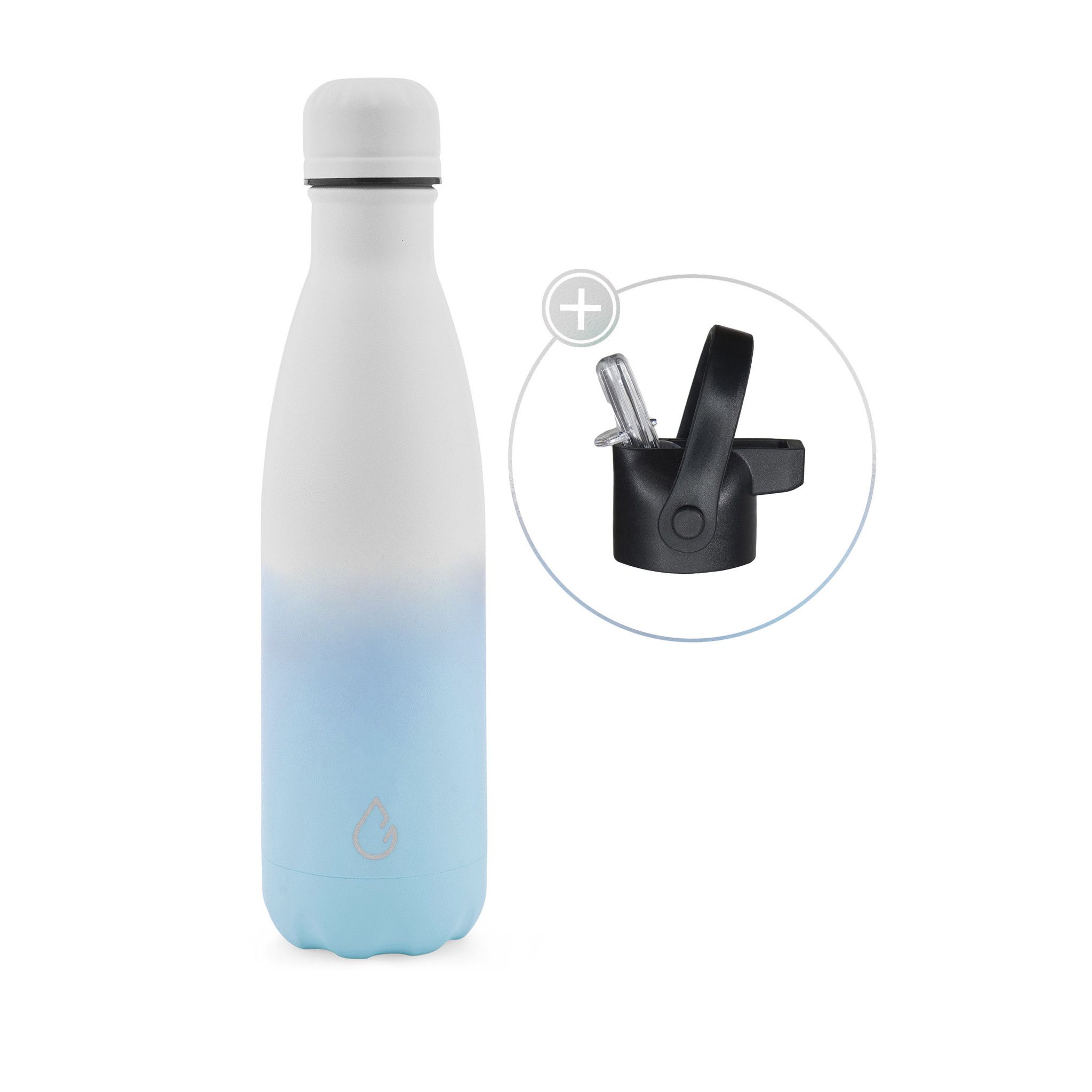 Wattamula Design Öko Edelstahl Blue White 500-ml-Wasserflasche mit Extraverschluss und Tragekarabiner