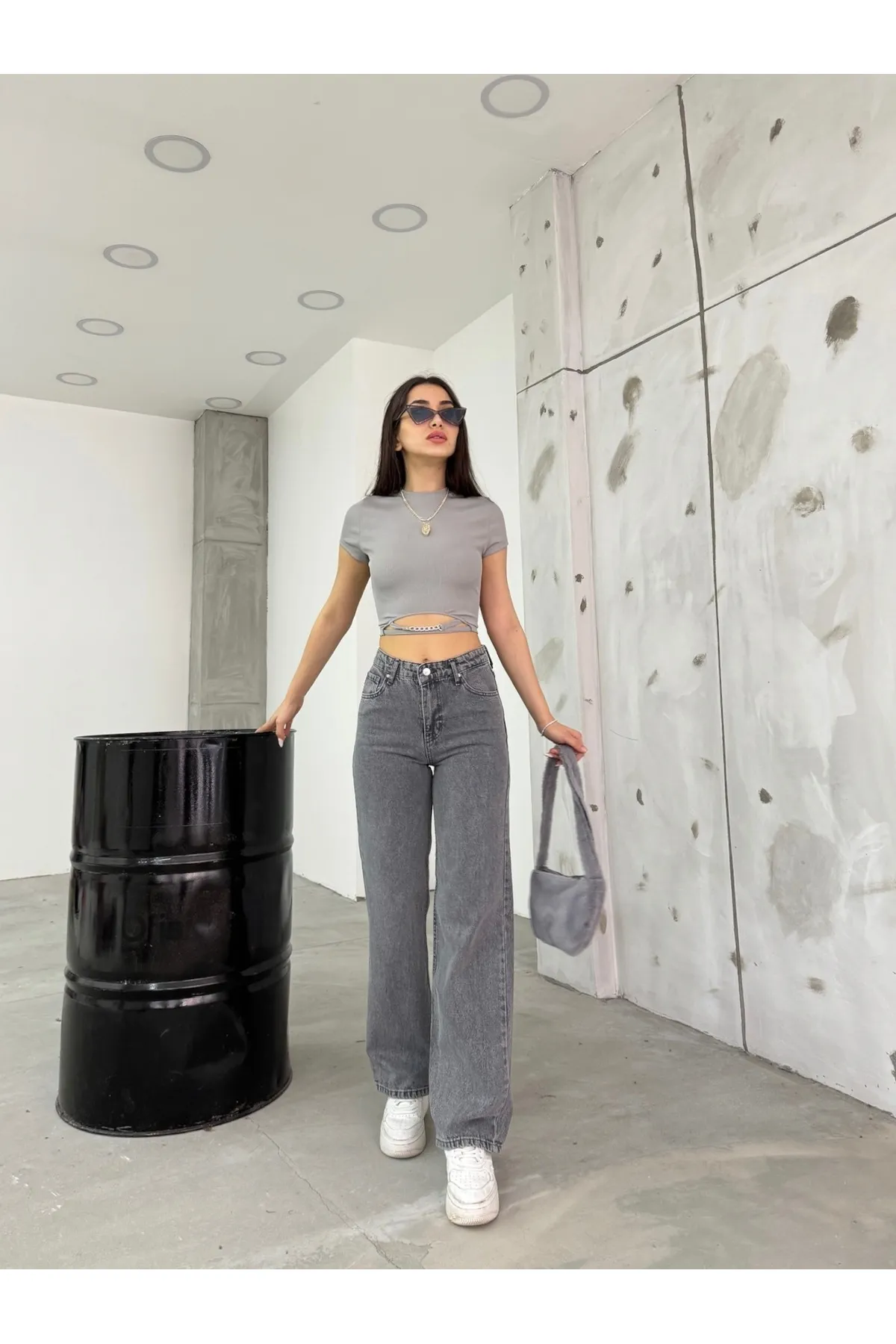 BİKELİFE  Graue Damenjeans mit hohem Bund und dehnbarem Lycra und weitem Bein