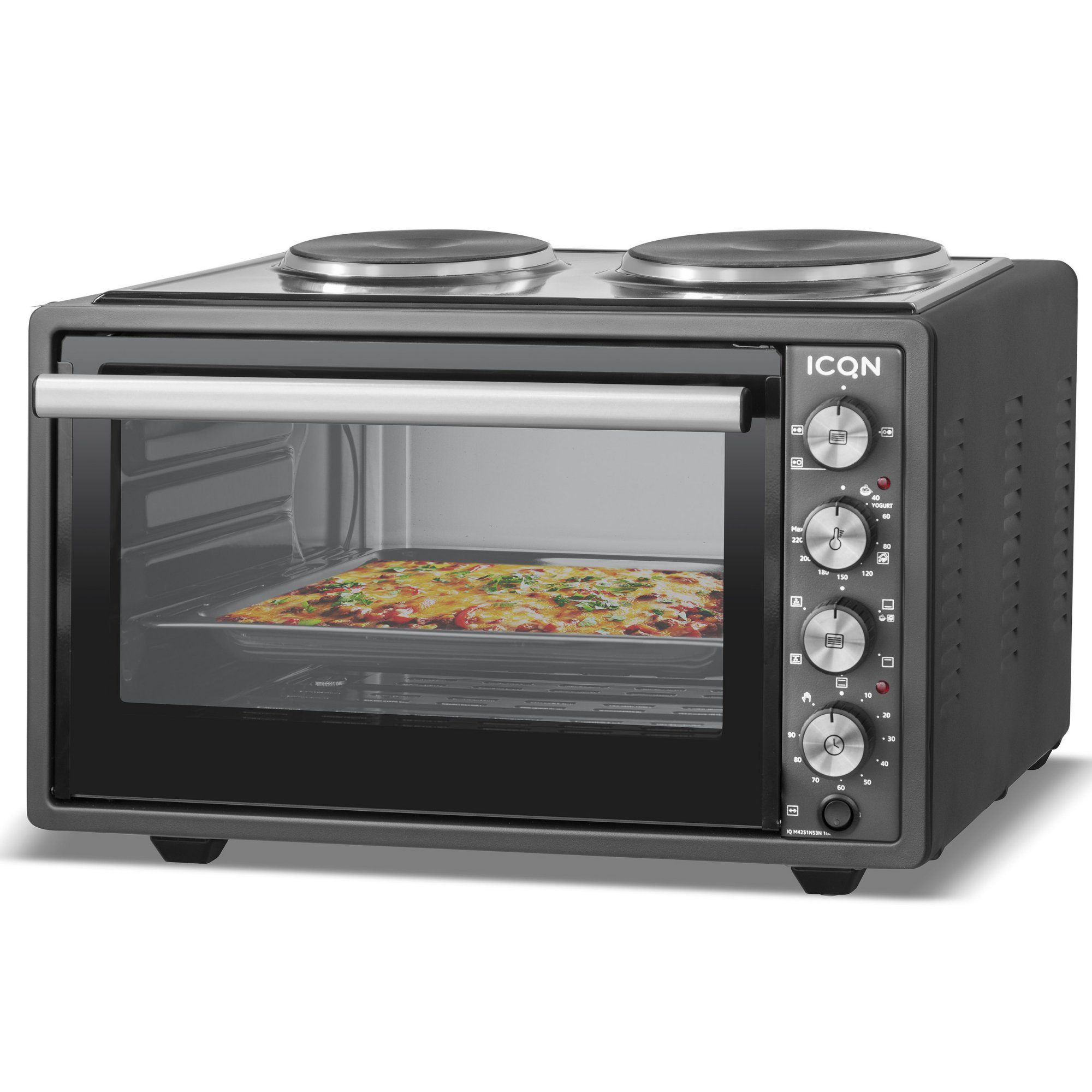 ICQN Minibackofen mit Kochplatten, 3800 W, inkl. Backblech Set, Emailliert, Umluft, Pizza-Ofen, Doppelverglasung, Drehspieß, Mini Ofen, 40°-230°C