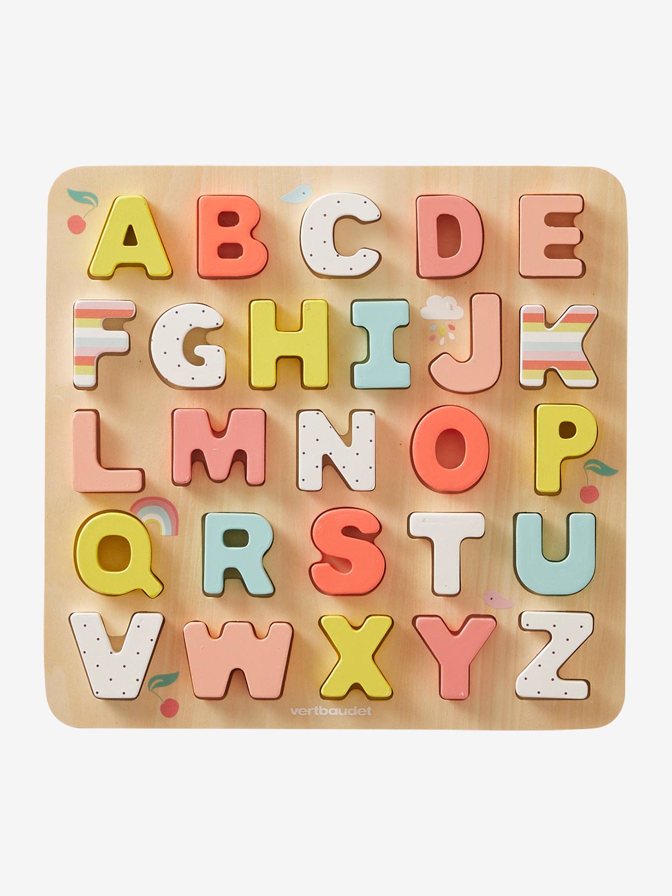 Puzzle lettres à encastrer en bois FSC® rose clair uni avec decor