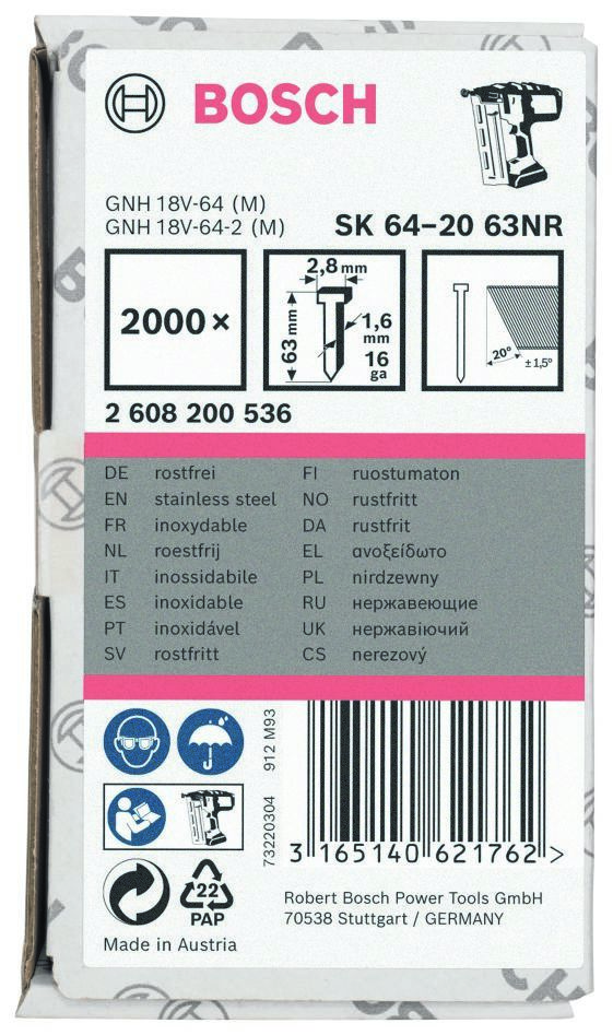 Bosch Blue Accessories 2608200536 SK64-20 NR Spik 1,6 mm Rostfritt stål 63 mm 2000 delar
