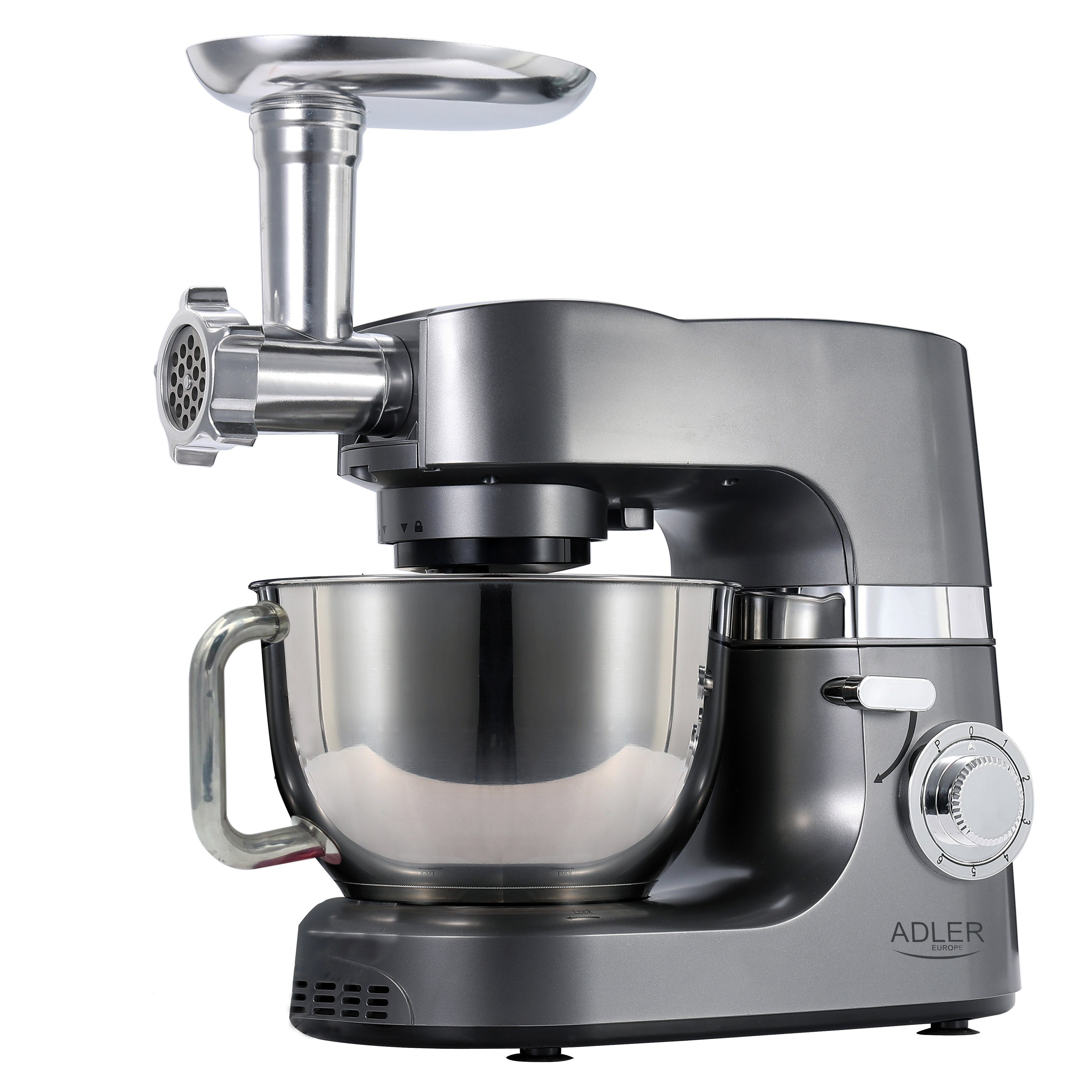 JUNG Küchenmaschine ADLER A4221 Küchenmaschine mit Fleischwolf Knetmaschine Rührmaschine, 1200 W, 7,00 l Schüssel, Edelstahl Schüssel, 4 Funktion, Knethaken Rührbesen Schlagbesen