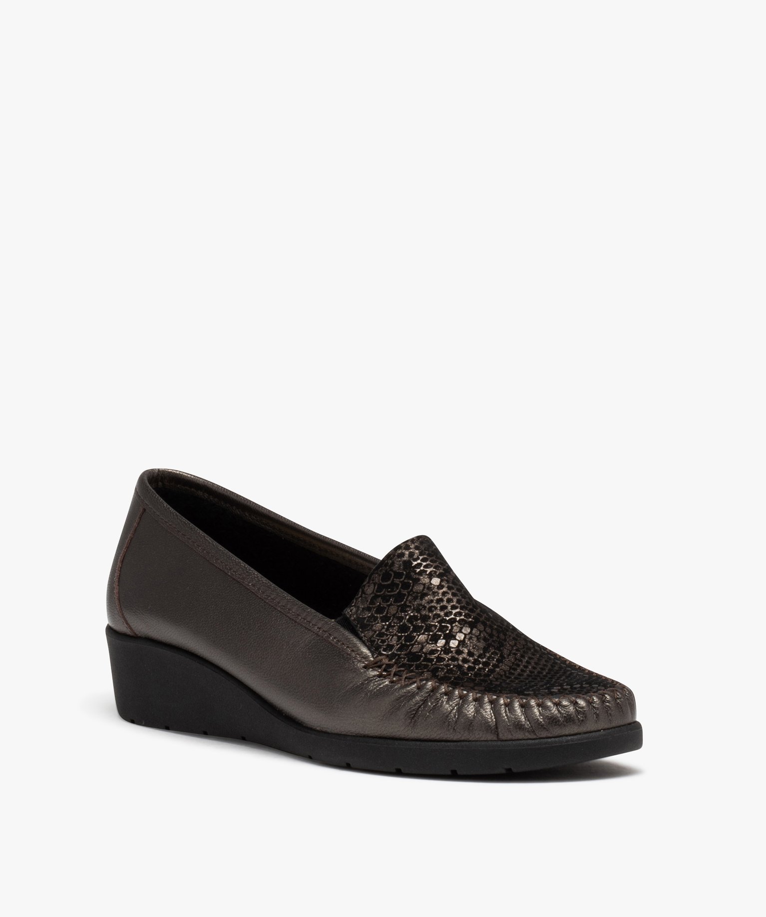 Mocassins femme confort dessus en cuir imprimé python bronze | GEMO