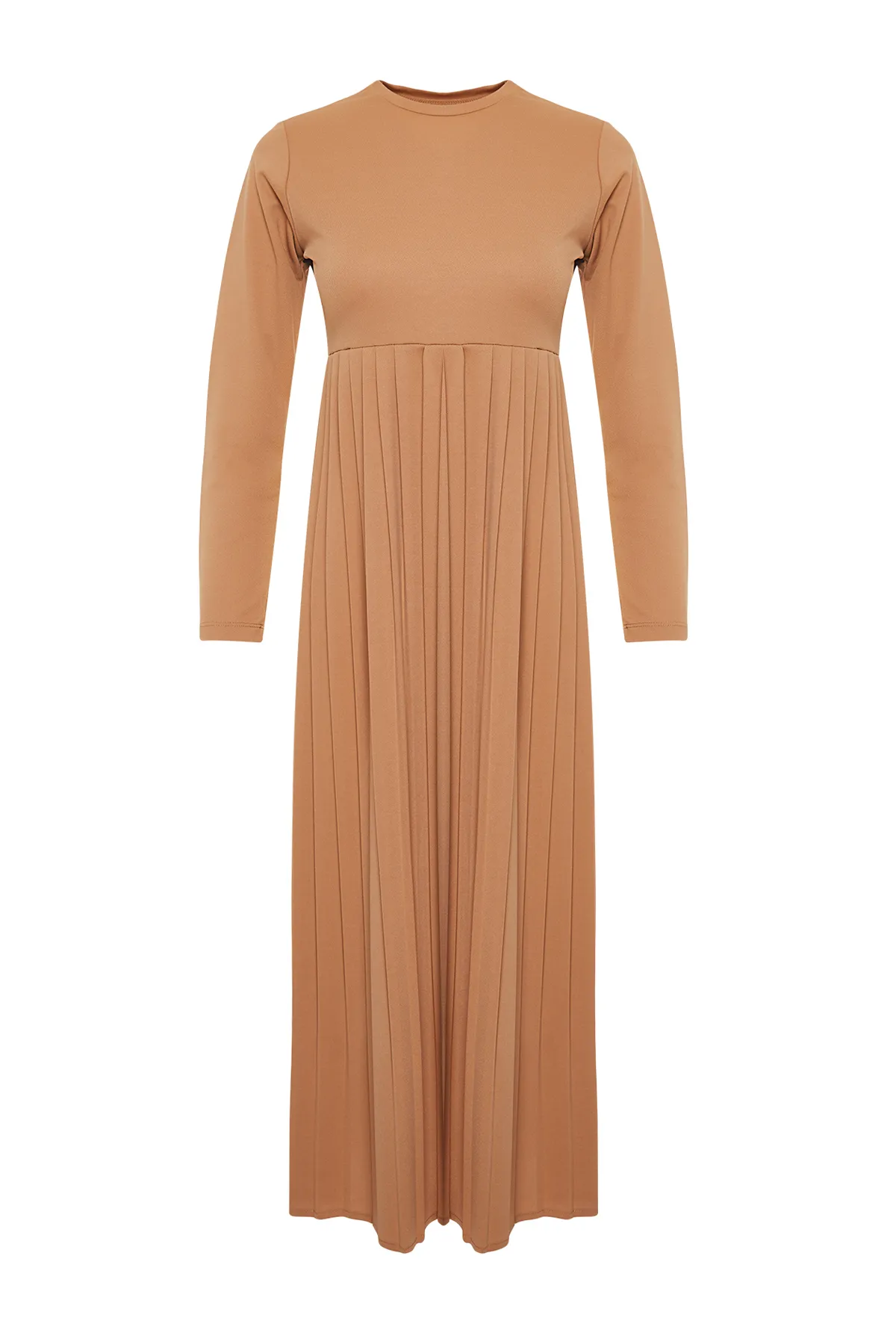 Trendyol Modest  Kamelfarbenes, plissiertes Scuba-Strickkleid mit Rock TCTAW24EL00000