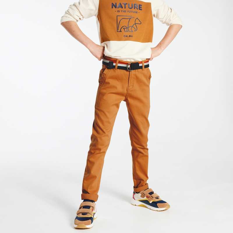 Pantalon chino slim ceinturé en toile unie orange garçon