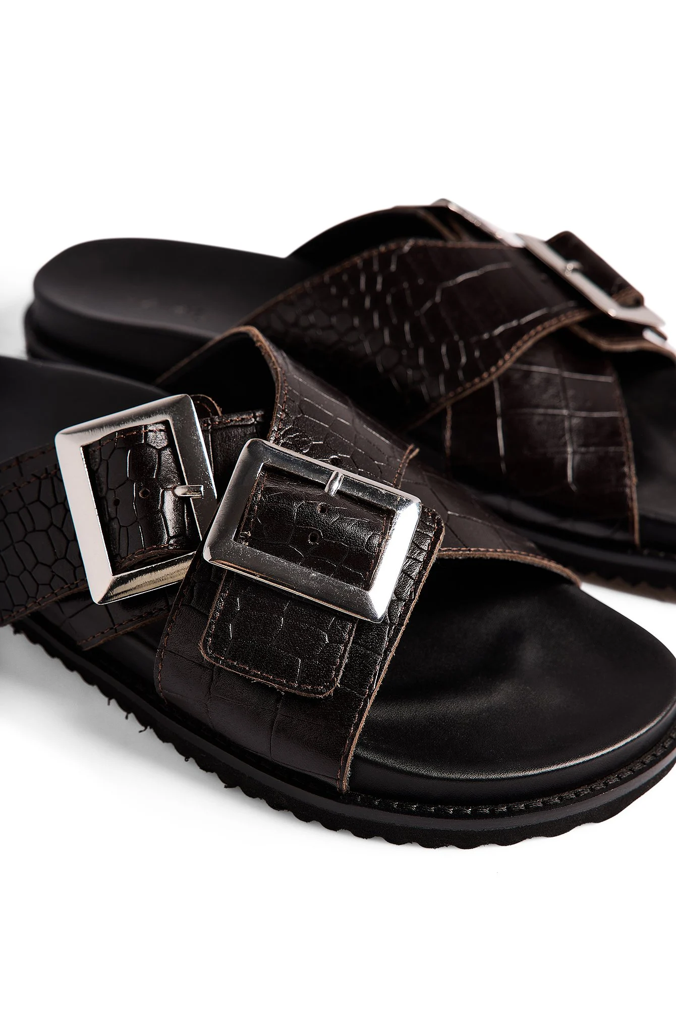 Double Buckle Leather Slippers