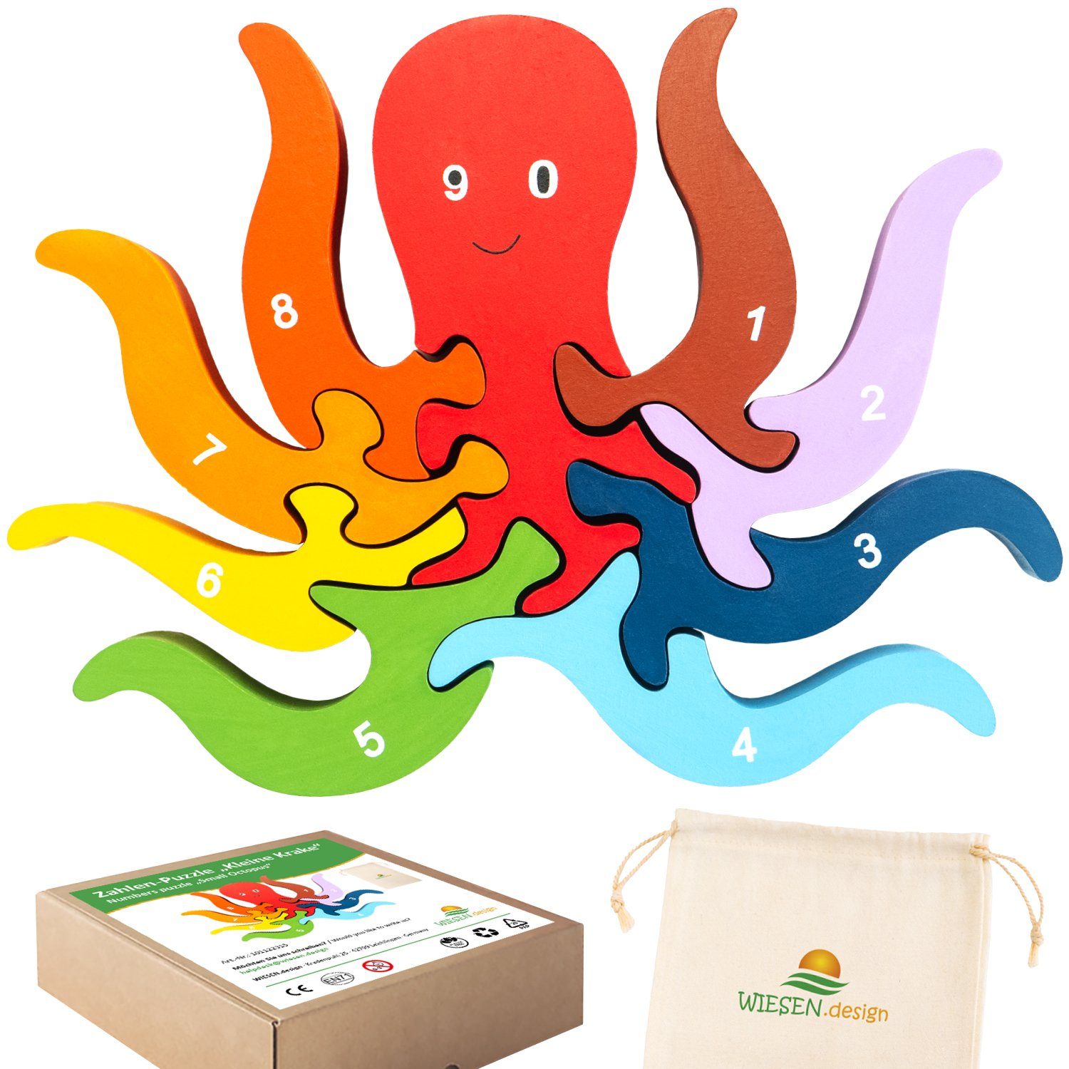 WIESEN.design Lernspielzeug Zahlenpuzzle Kleine Krake, Montessori Spielzeug ab 3 Jahre, Holzpuzzle, DIN EN71 geprüft, Speichel- und schweißfest, gratis Versand
