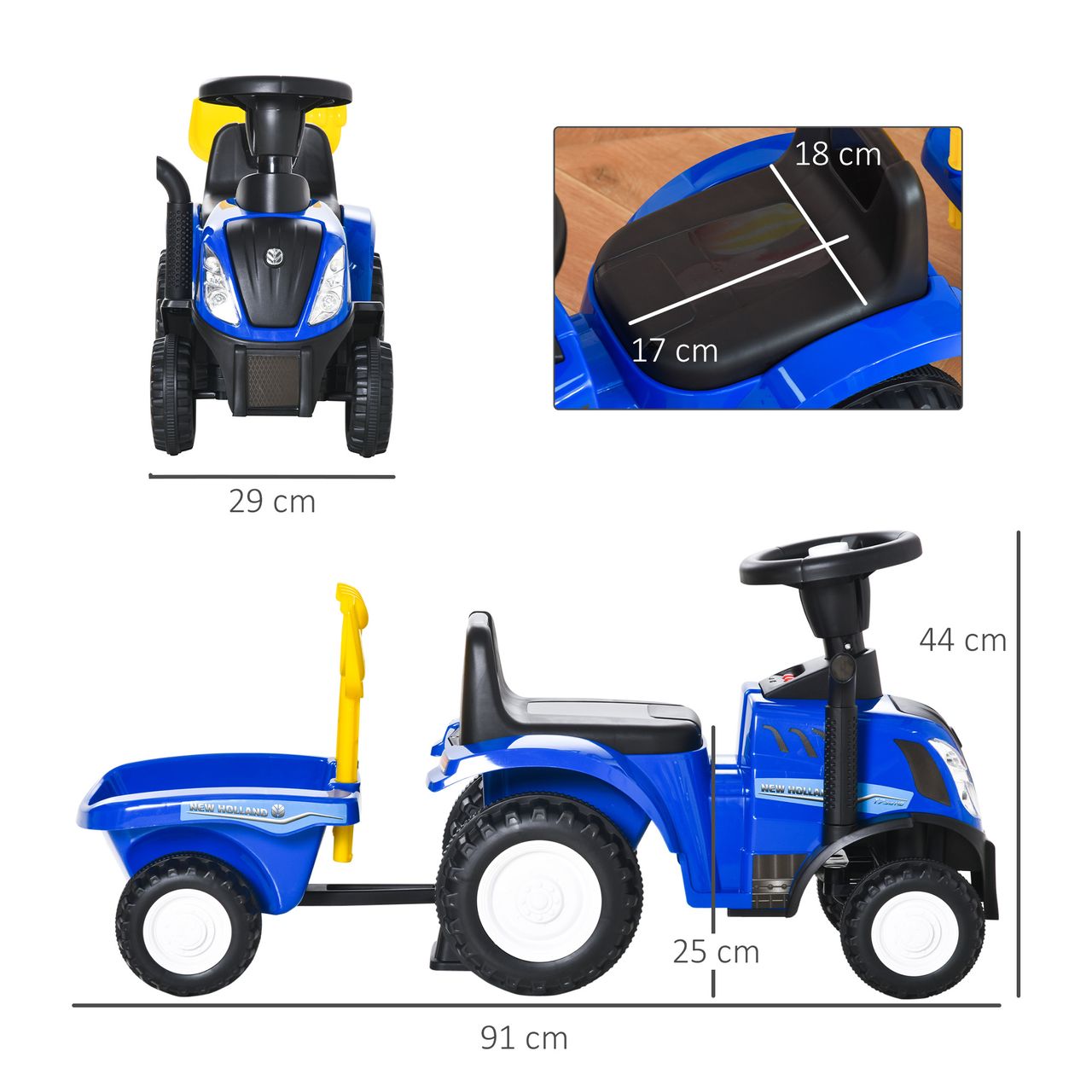 HOMCOM Rutschauto Kindertraktor Tretauto mit Anhänger Hupe Scheinwerfer Blau