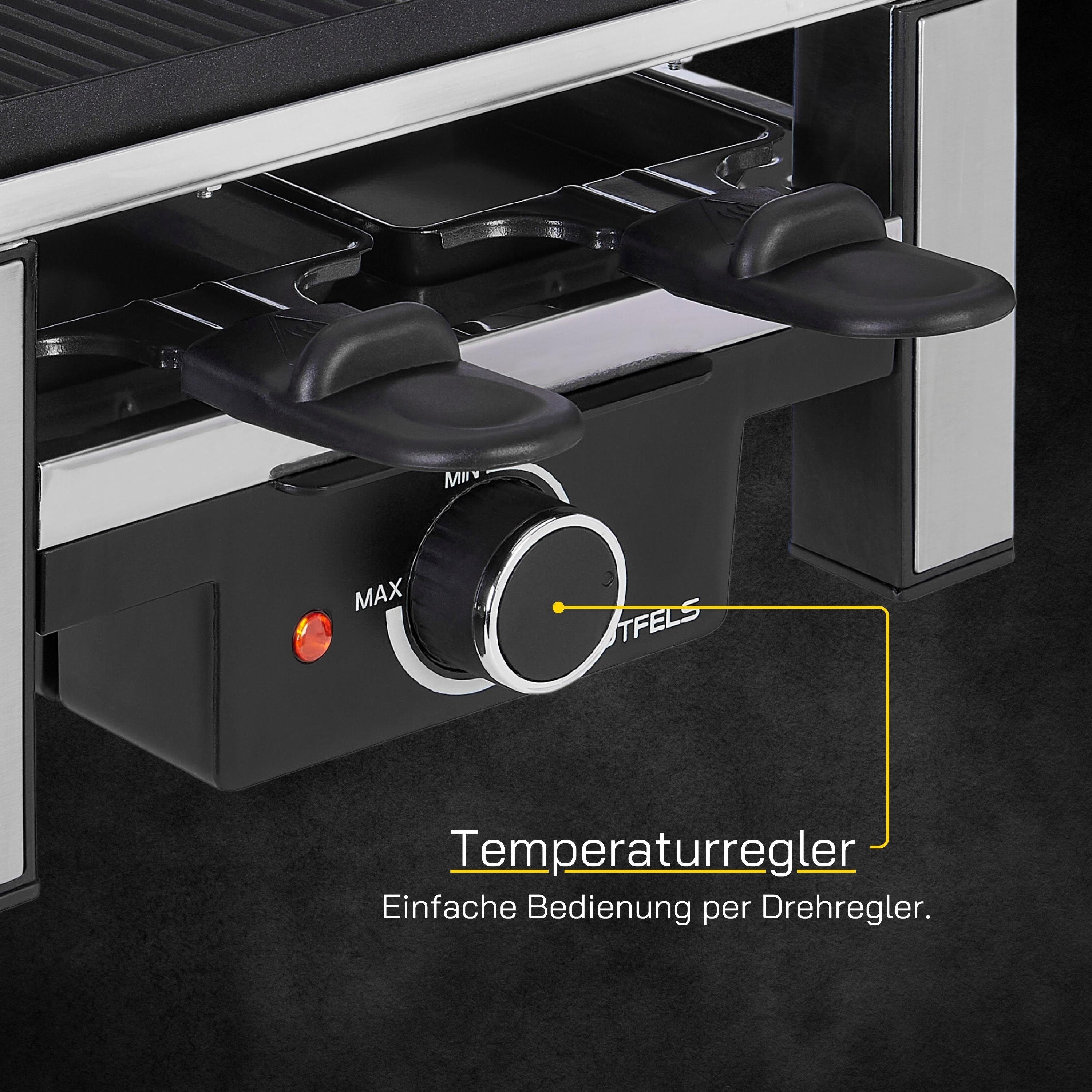 Gutfels Raclette RACLETTE 4010, 4 Raclettepfännchen, 900 W, Wendeplatte als Grill oder Plancha, 4 Personen, Antihaftbeschichtung