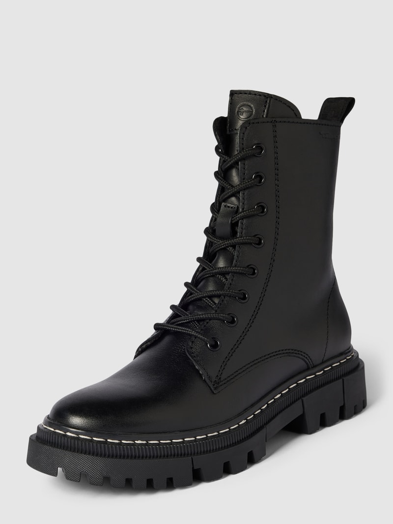 Schnürboots aus Leder mit Label-Prägung in schwarz
