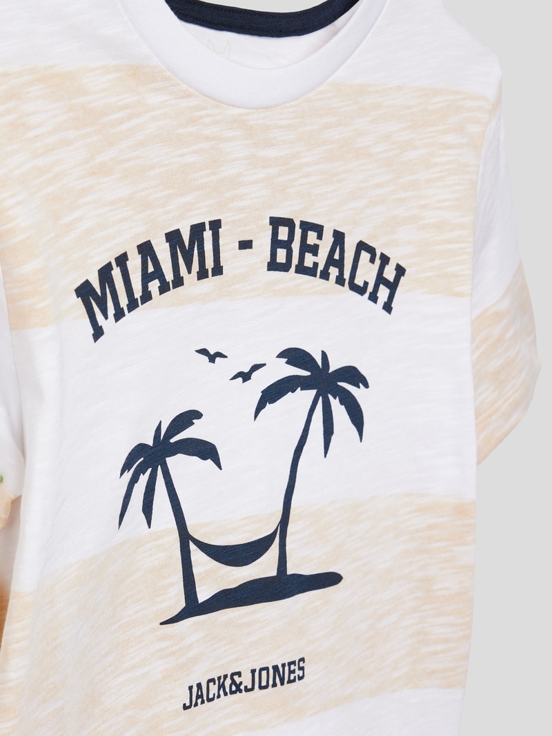 T-Shirt mit Streifenmuster Modell 'SUMMER' in hellgelb