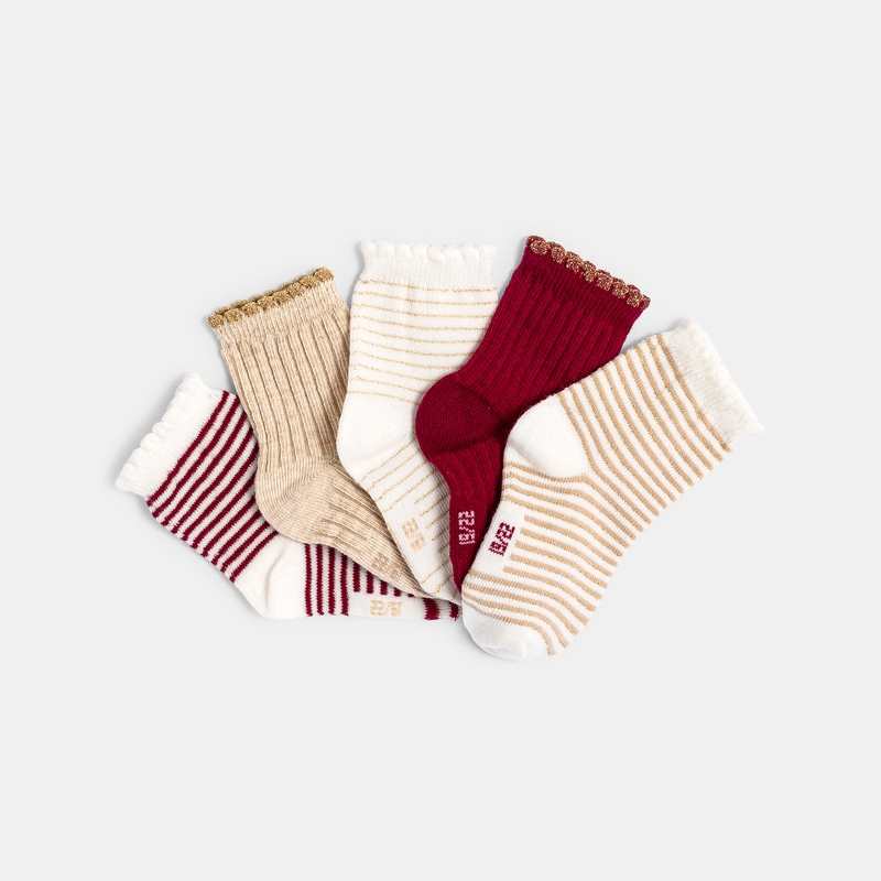 Chaussettes rayées brillantes bords festonnés (lot de 5) roses bébé fille