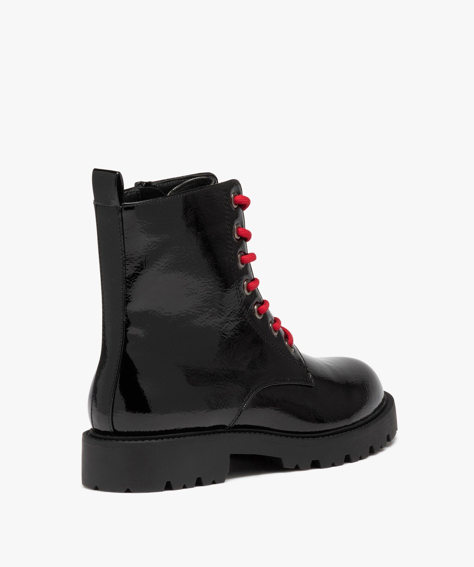 Boots femme mid-cut dessus uni verni à lacets colorés noir | GEMO